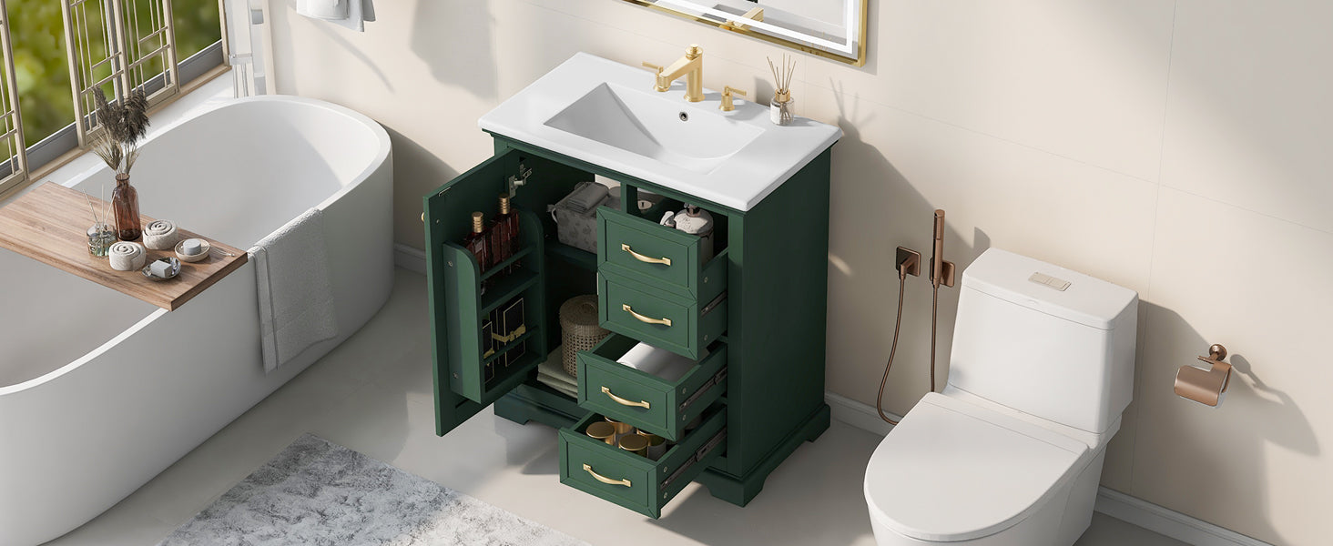 30" Bathroom Vanity With Sink, One Package, Green Bathroom Cabinet With Drawers, Solid Frame And Mdf Board Green Solid Wood Mdf