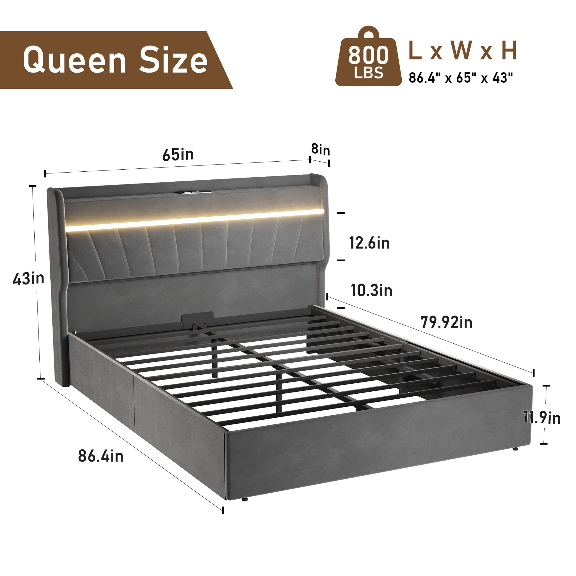 Queen Lift Up Storage Bed Frame With Charging Stationand Led Light, Wingback Upholstered Platform Bed Frame, Wooden Slats Support, No Box Spring Needed, Noise Free, Dark Gray Box Spring Not Required