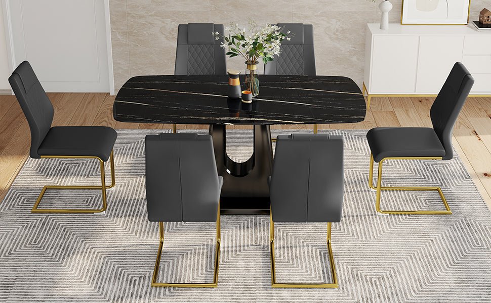 Table And Chair Set, Minimalist Dining Table, Imitation Marble Patterned Glass Tabletop, Mdf Legs With U Shaped Brackets. Paired With Comfortable Chairs, Suitable For Dining And Living Rooms. Black Gold Mdf Glass