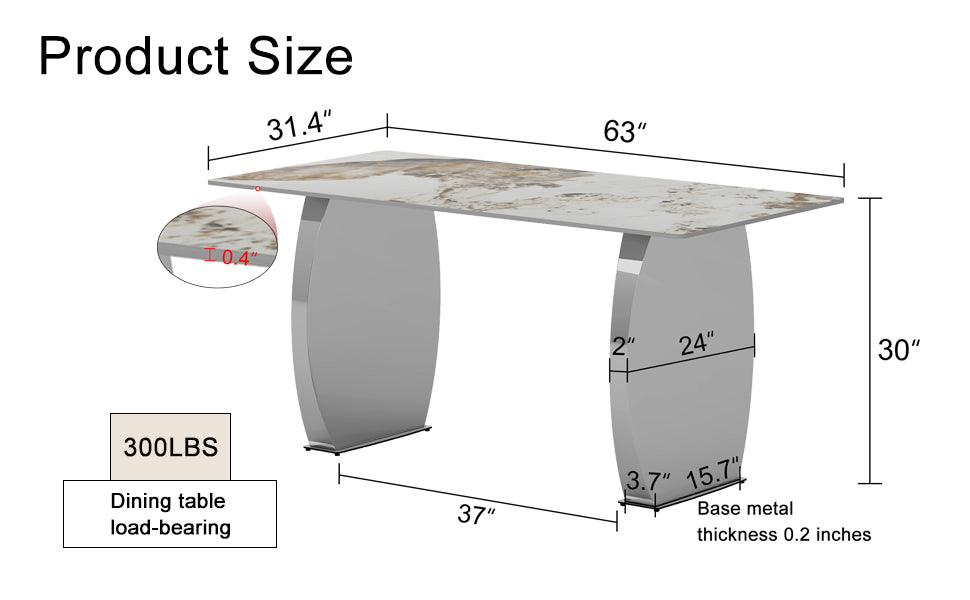 Modern Rectangular Dining Table, Imitation Marbled Rock Plate Table Top, Stainless Steel Table Legs, Suitable For Kitchen, Dining Room, Living Room 63 Inches * 31.4 Inches. Silver Sintered Stone