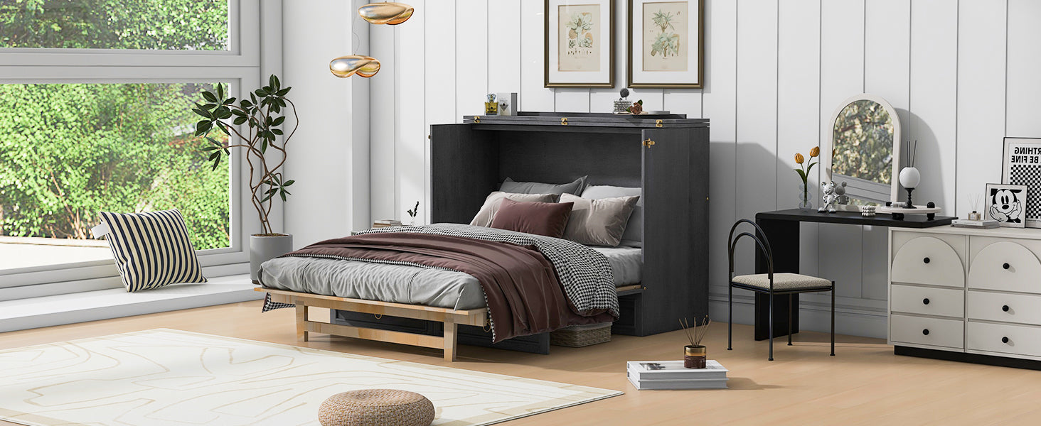 Full Size Murphy Bed With Large Drawers,Gray Full Gray Plywood