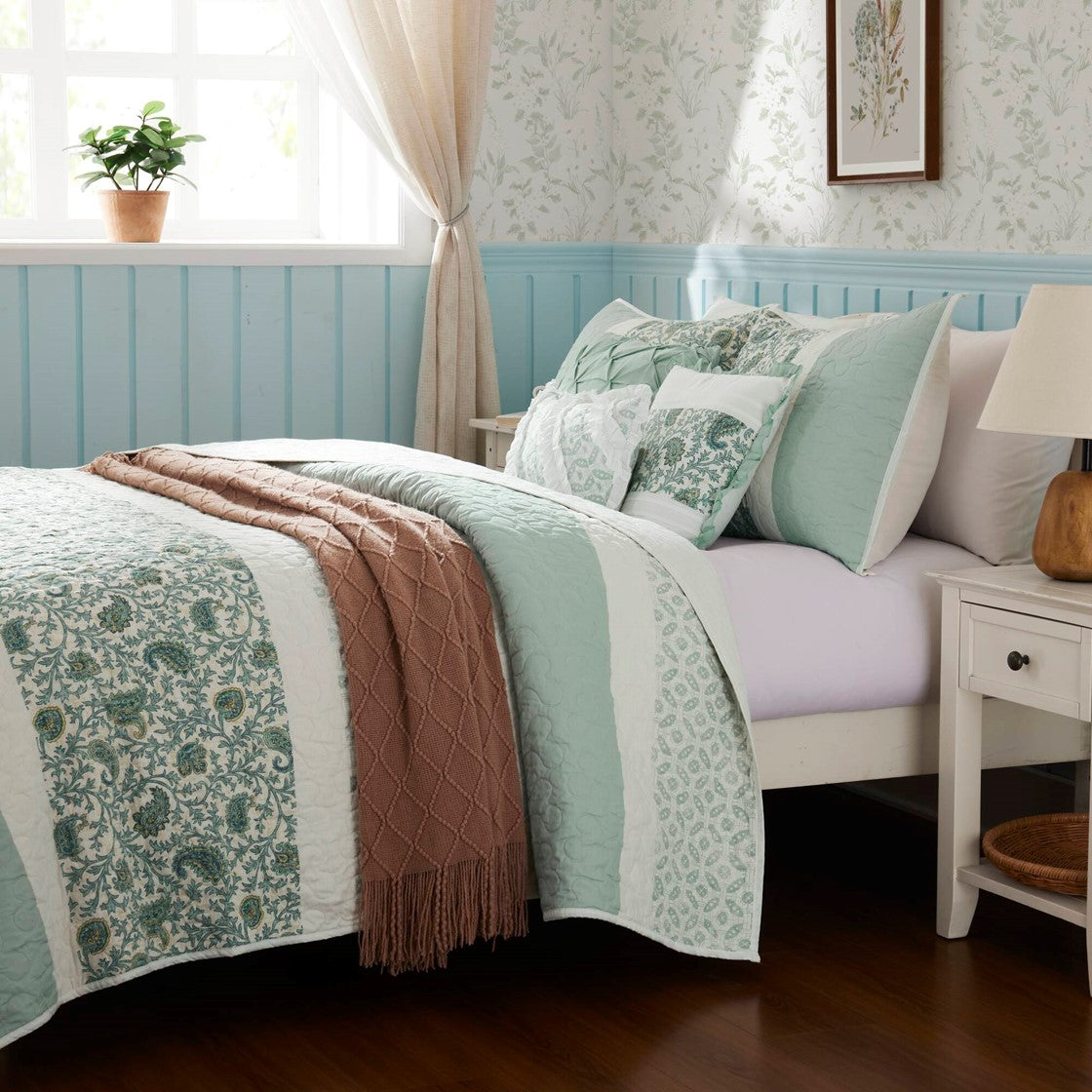 6 Piece Cotton Percale Quilt Set With Throw Pillows Aqua Full Queen Full Aqua Polyester