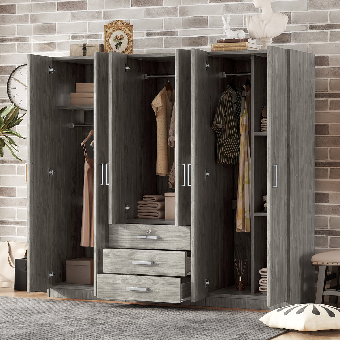 6 Doors Wooden Wardrobe Storage For Bedroom, With Big Drawers, Gray Gray Plywood