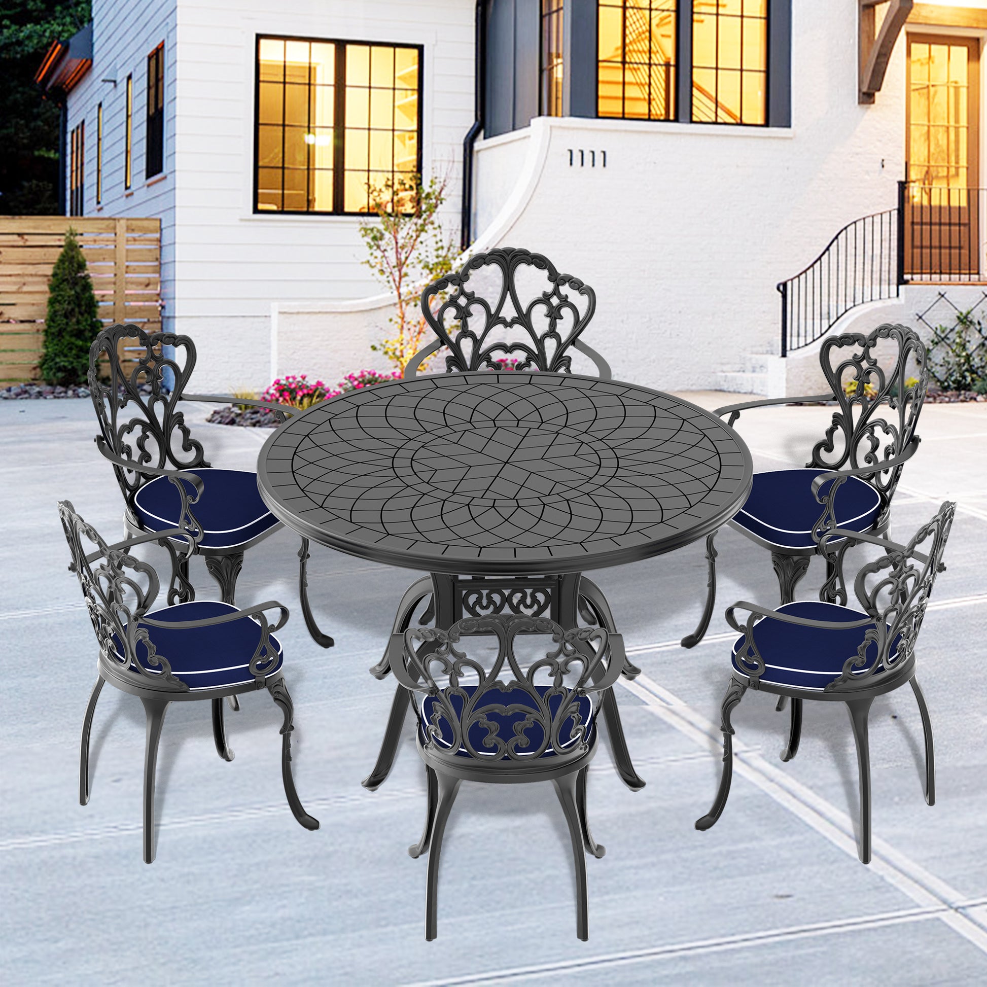 Cushions In Random Colors 7 Piece Set Of Cast Aluminum Patio Furniture, image size:1946x1946