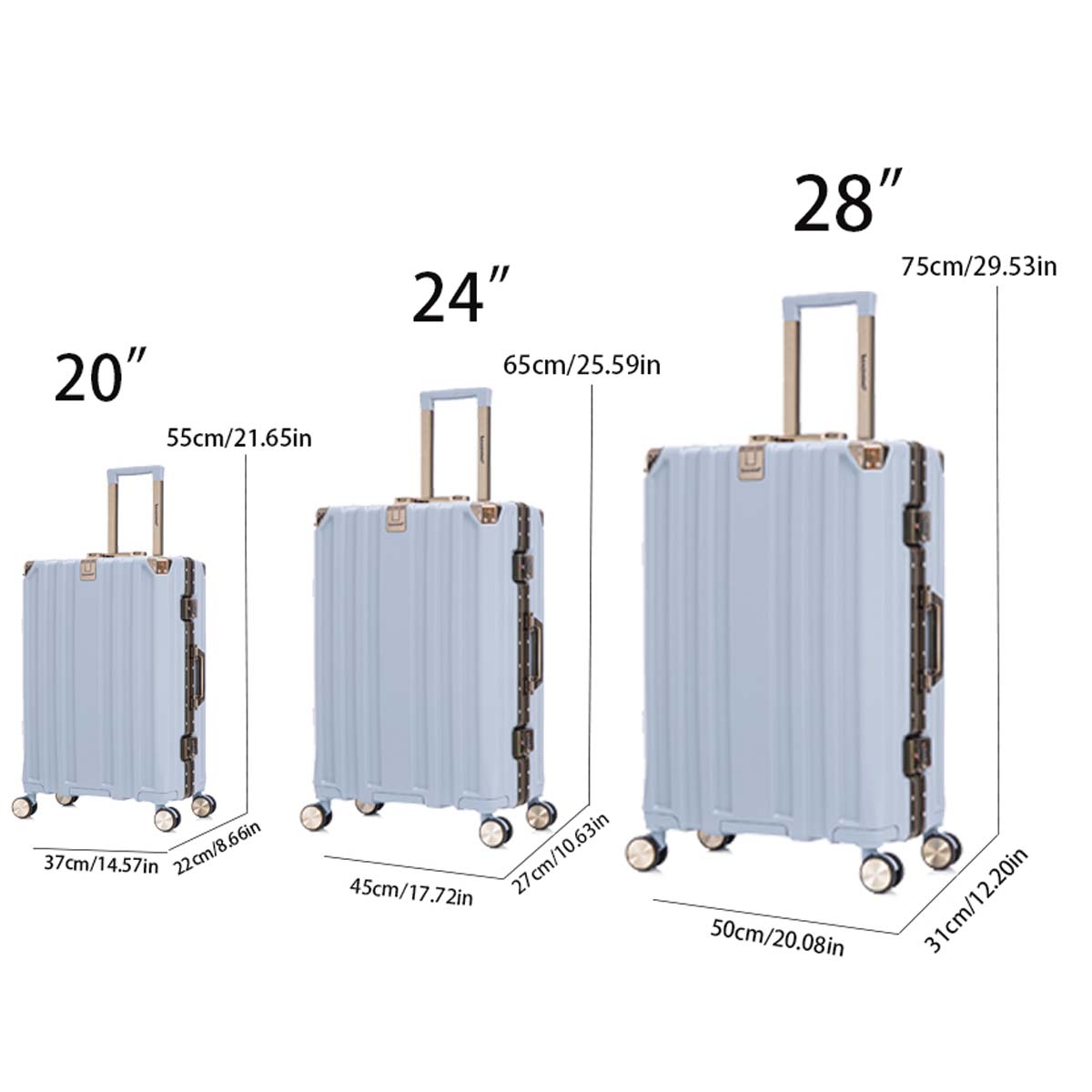 Luggage Sets20 24 28 Inch Three Model Set, Stylish Suitcase With Aluminum Frame Password Lock, Suitable For Travel Suitcases And Suitcases Blue Contemporary Aluminum,Pc