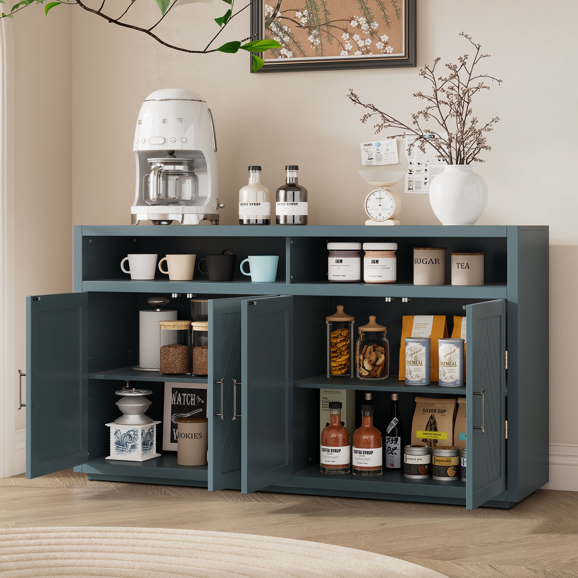 4 Door Classic Sideboard With Open Storage And Adjustable Shelves Perfect For Kitchens, Living Rooms Smoke Blue Smoke Blue Mdf