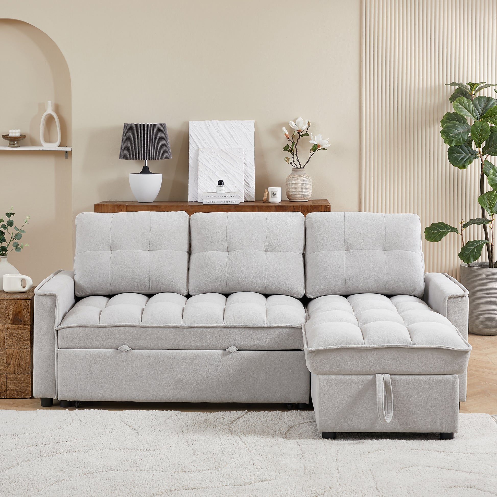 Mh 78.75" Reclining Sofa, Pull Out Sofa Bed With Usb And Tape C Charging Ports, L Shaped Sectional Sofa With Reclining Storage And Arm Side Organizer Pocket Features, Living Room Comfort Sofa Light Grey Chenille Wood Primary Living Space Eucalyptus Foam