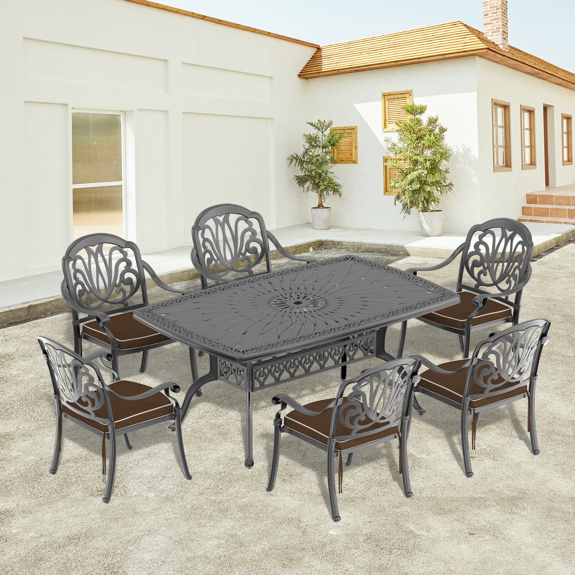 Cushions In Random Colors 7 Piece Set Of Cast Aluminum Patio Furniture With Cushions Yes Dining Set Black Seats 6 Rust Resistant Frame Water Resistant Cushion Garden & Outdoor Complete Patio Sets Aluminium