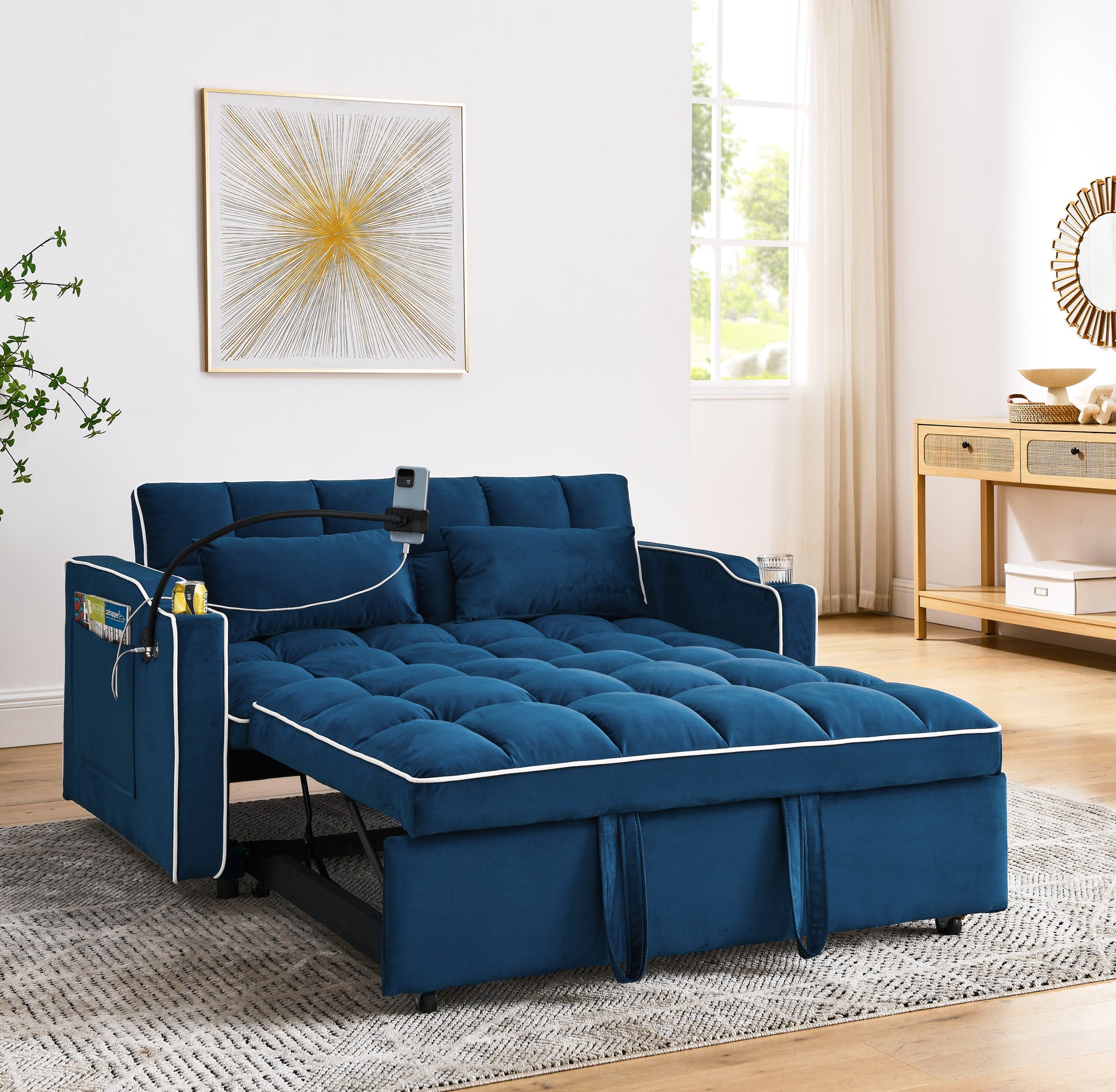 55.51 Inch Versatile Foldable Sofa Bed In 3 Lengths, Modern Sofa Sofa Sofa Velvet Pull Out Bed, Adjustable Back And With Usb Port And Ashtray And Swivel Phone Stand Blue Full Blue Primary Living Space American Design,American Traditional,Traditional