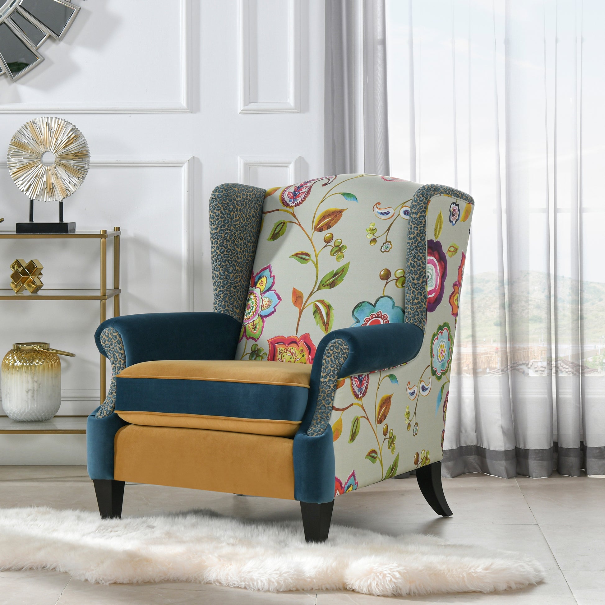 Anya Boho Chic Wingback Accent Arm Chair, Floral Leopard, Blue Teal