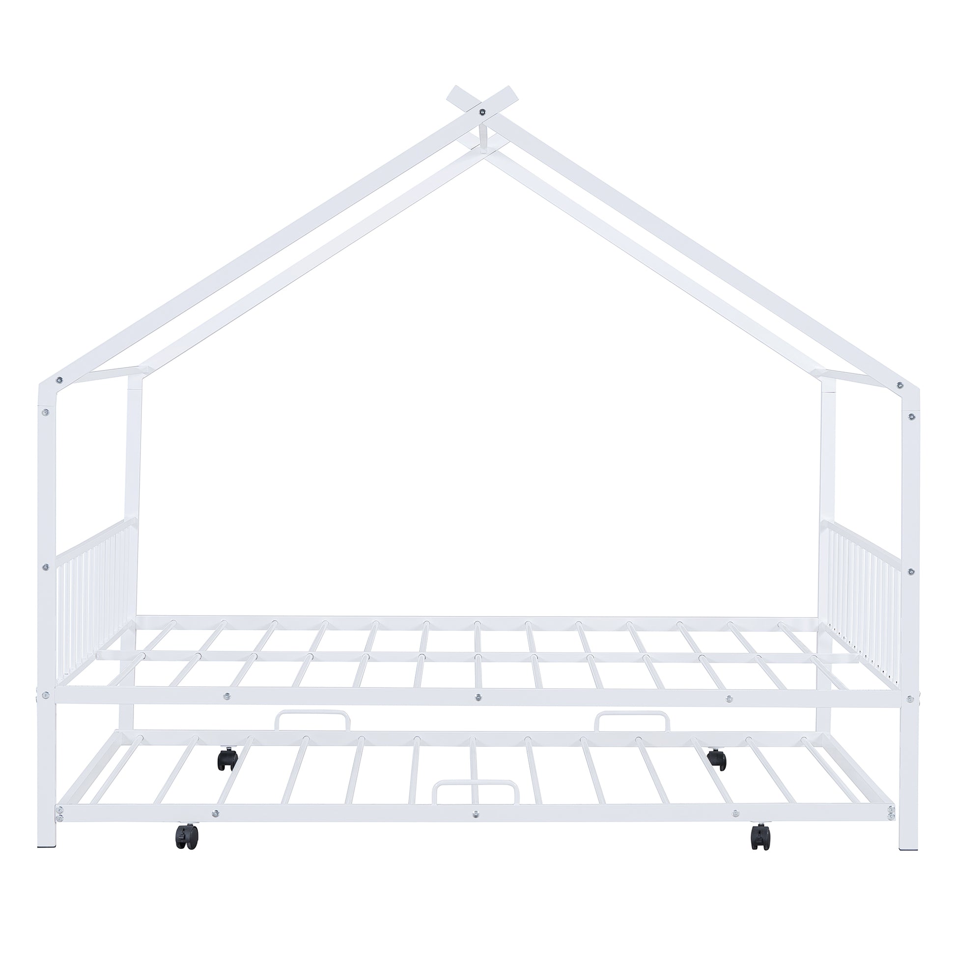 Full Size Metal House Bed With Twin Size Trundle, White Full White Metal