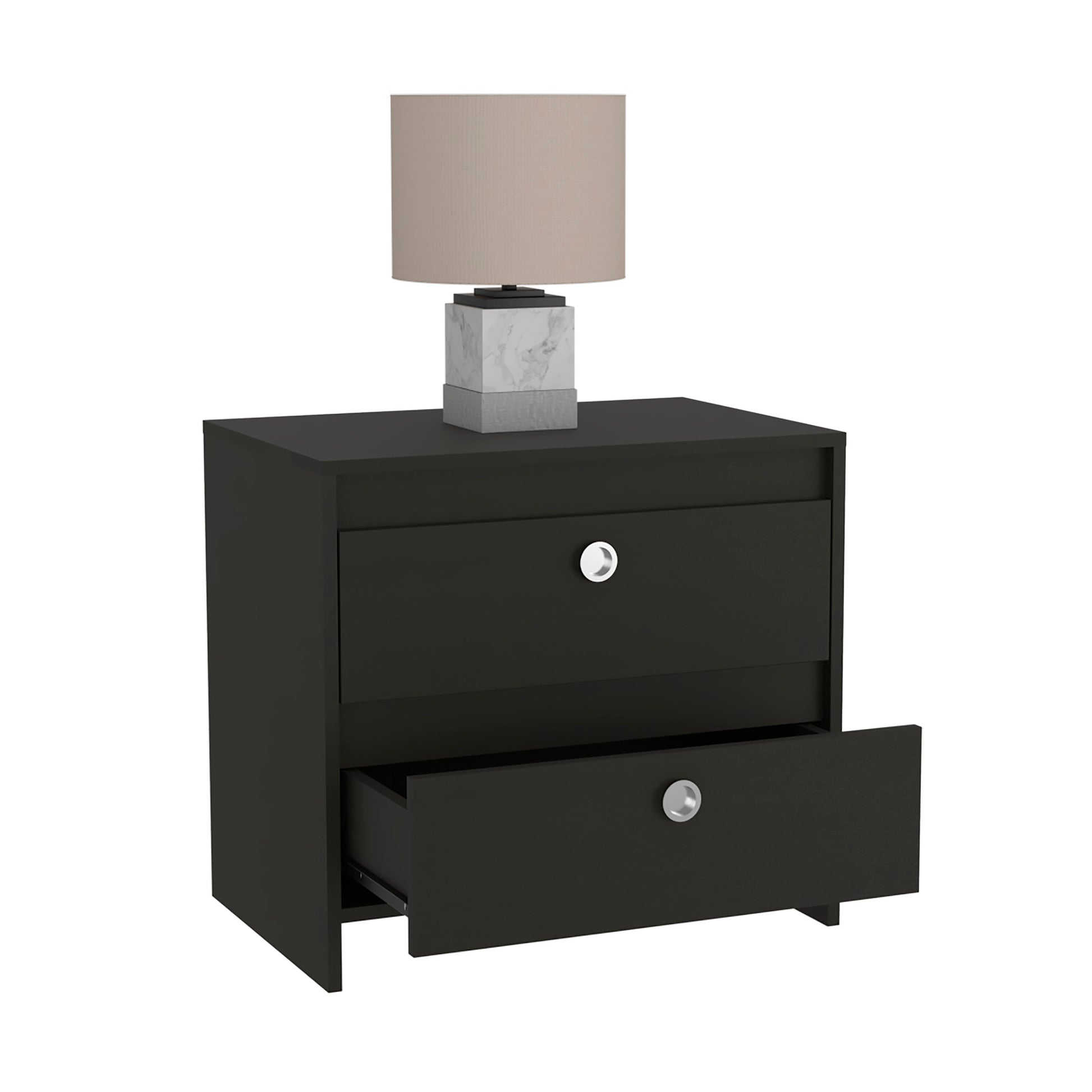 Lily Nightstand, Two Drawers Black 2 Drawers Bedroom Bedside Cabinet Contemporary Storage Melamine Engineered Wood