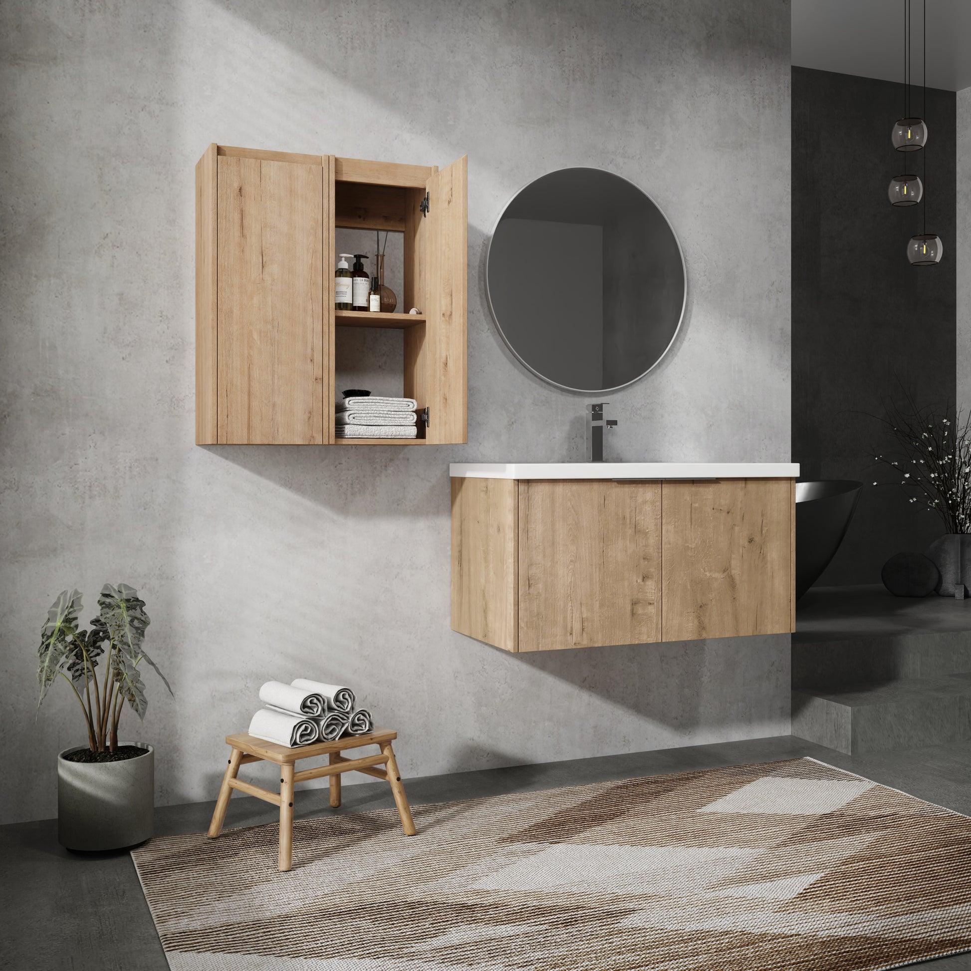 36" Wall Mounted Bathroom Vanity With Sink And Side Cabinet, Soft Close Doors,00112Imo X 2 00636Imo Combination Cabinet Kd Packing Imitative Oak Bathroom Modern Plywood Plywood