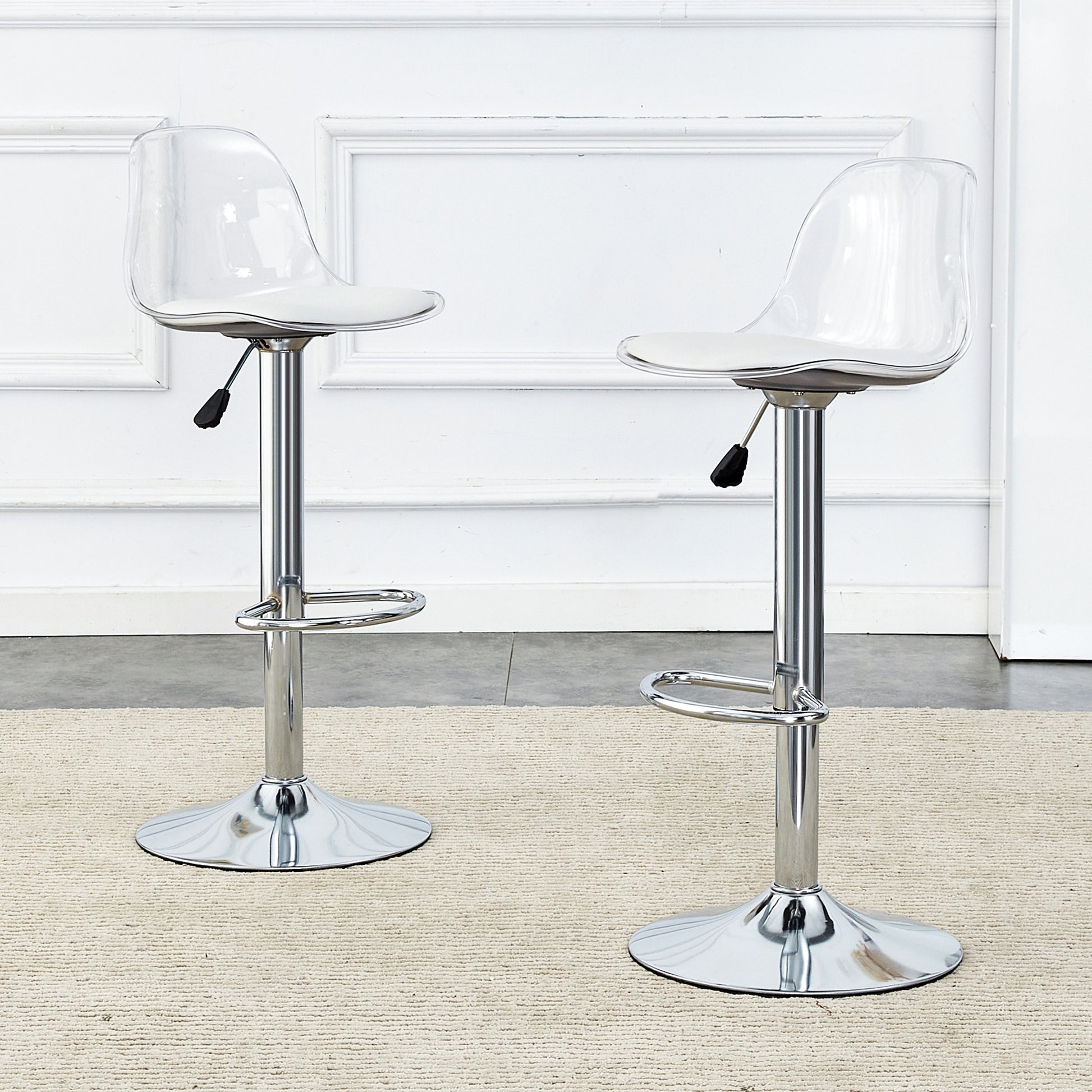 Modern Minimalist Bar Chairs And Bar Stools. Can Rotate 360 And Adjust Lifting. Pet Backrest And Pu Seats. Set Of 2. Suitable For Bars, Restaurants, And Front Desk Cashiers. W1151P172644 White Pu