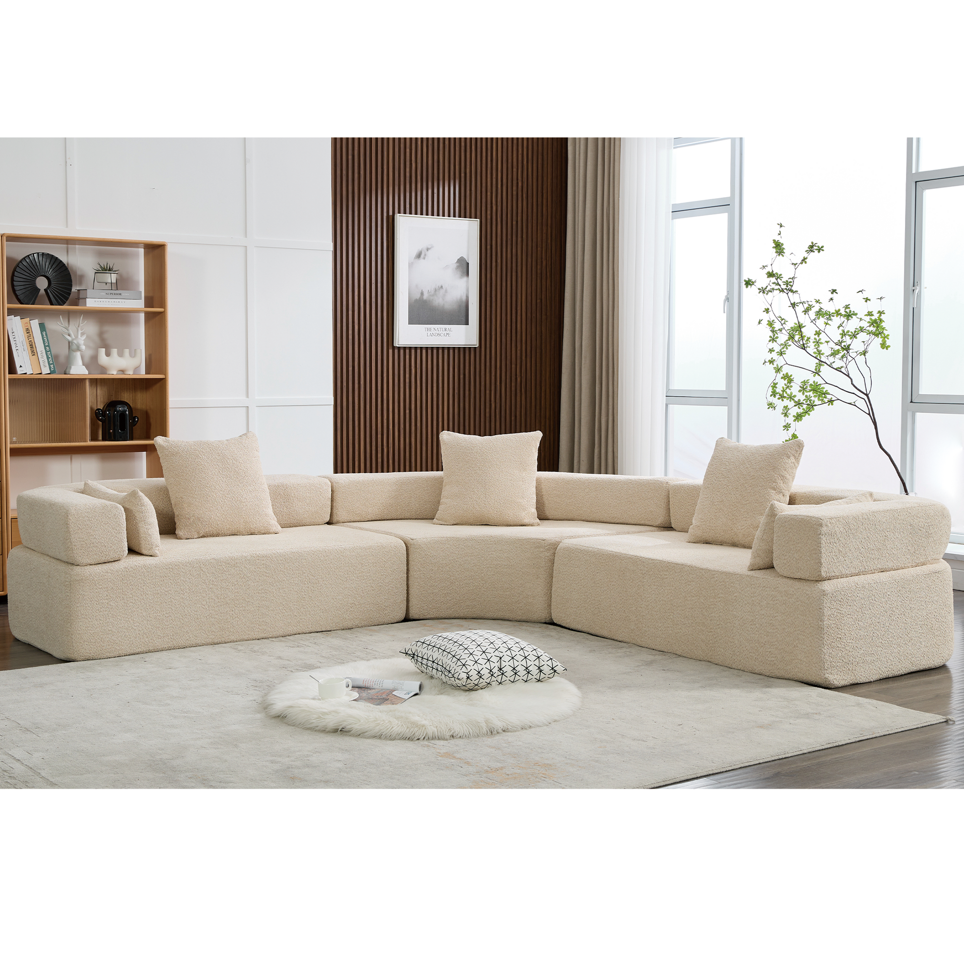 Arrived Oversized Combination Sofa,Curved Sofa,Upholstered 4 Seater Couch For Living Room, Modern Modular 3 Piece Free Combination, Semicircular Modular Sofaboucle, Khaki Khaki Polyester Primary Living Space Soft Tight Back Modern Square Arms Foam