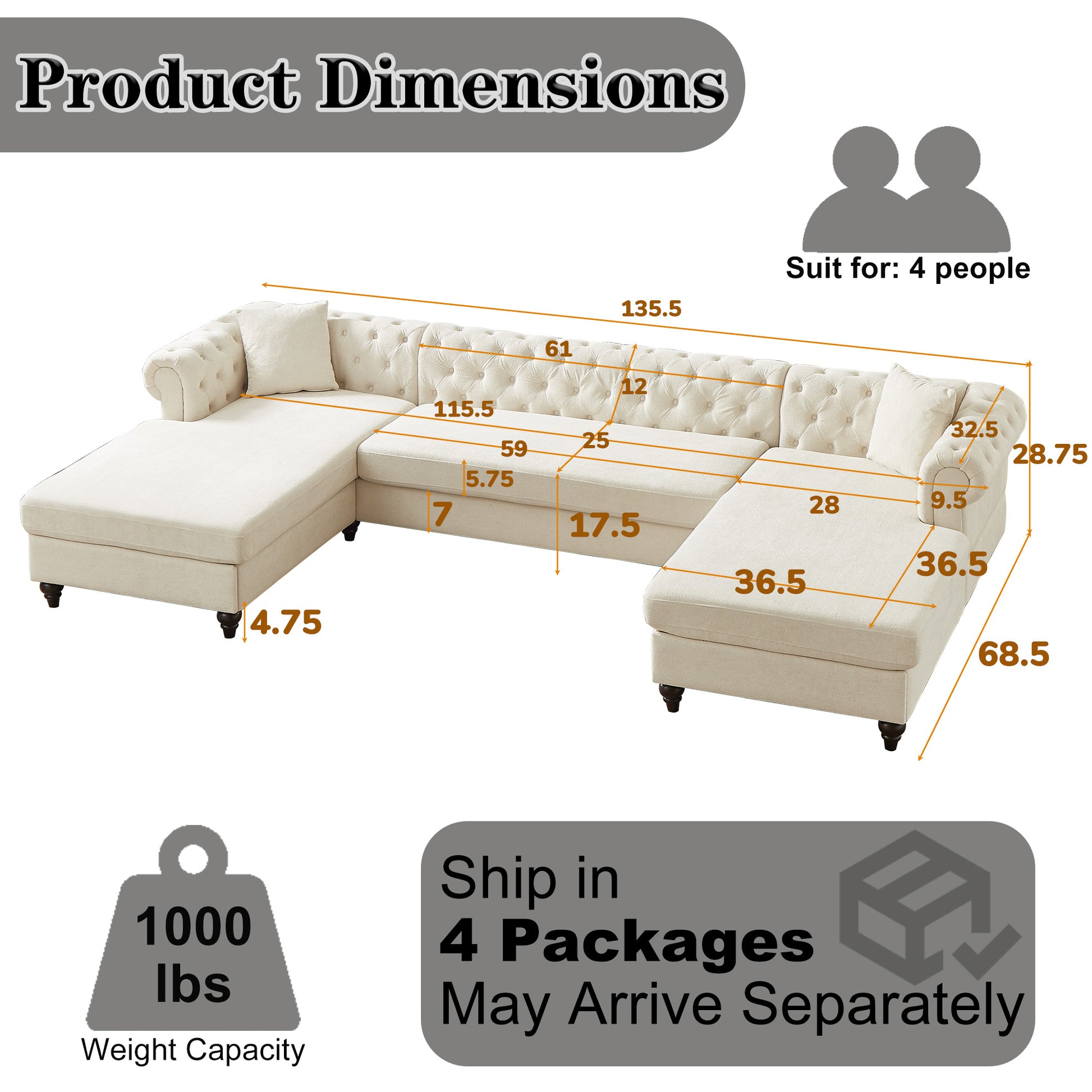 135.5 Inch Modern Style Chenille Three Piece Sofa, Pull Point Design U Shaped Sofa Two Chaise Longue Seats, Two Pillows And Wooden Feet, Suitable For Living Room, Bedroom, Lounge And Projection Room