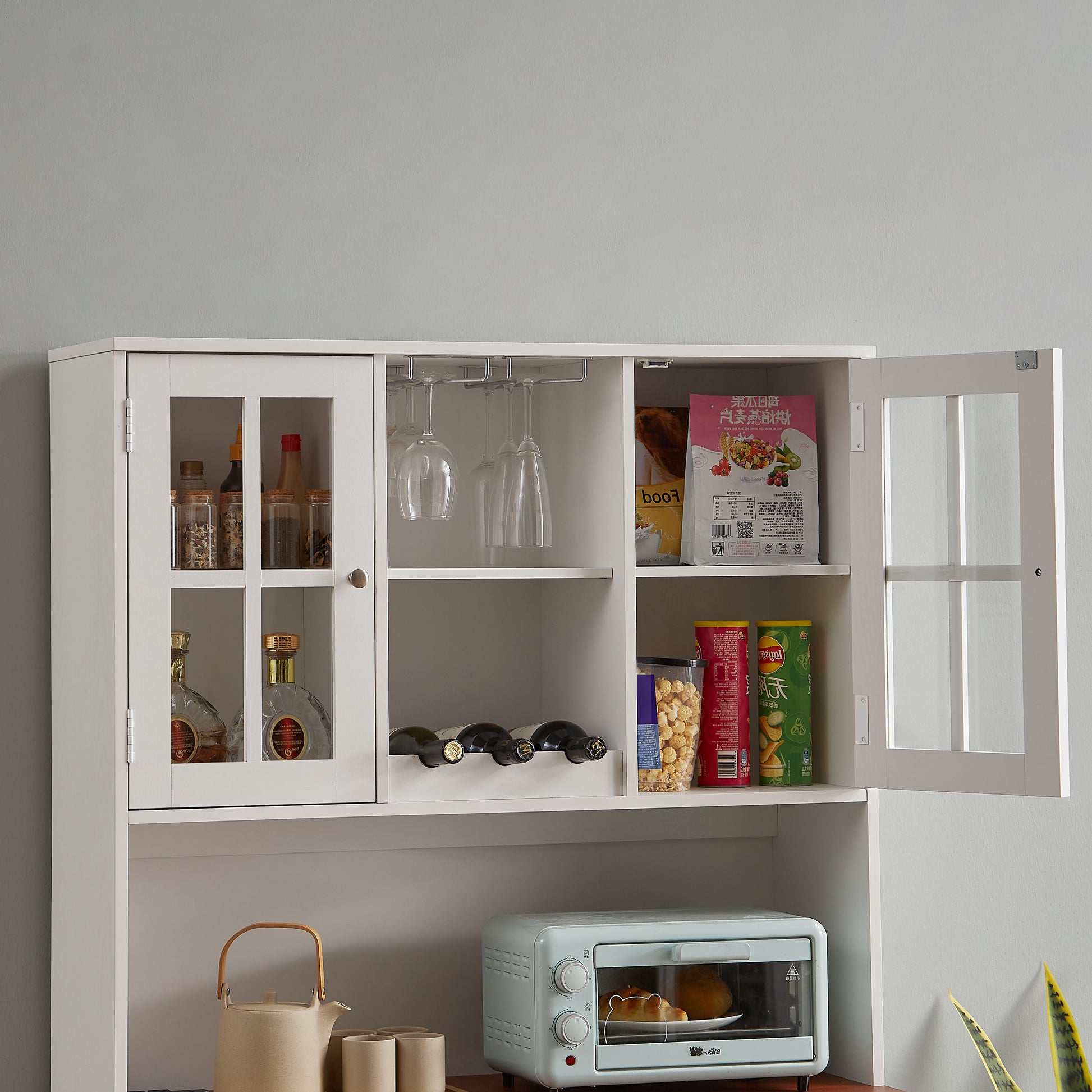 Kitchen Pantry Storage Cabinet, Modern Buffet Cabinet With Hutch, Tall Kitchen Hutch Cabinet With Microwave Stand, Food Pantry Cabinet For Dining Room, White, 39''W X 15.7''D X 68''H. White Particle Board