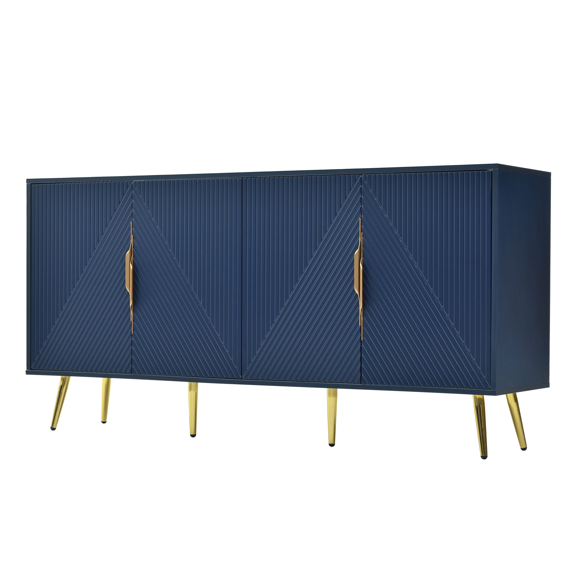 Stylish Sideboard With Wave Geometric Design, Conical Legs, Adjustable, Suitable For Study, Entryway And Living Room Navy Blue American Design Mdf