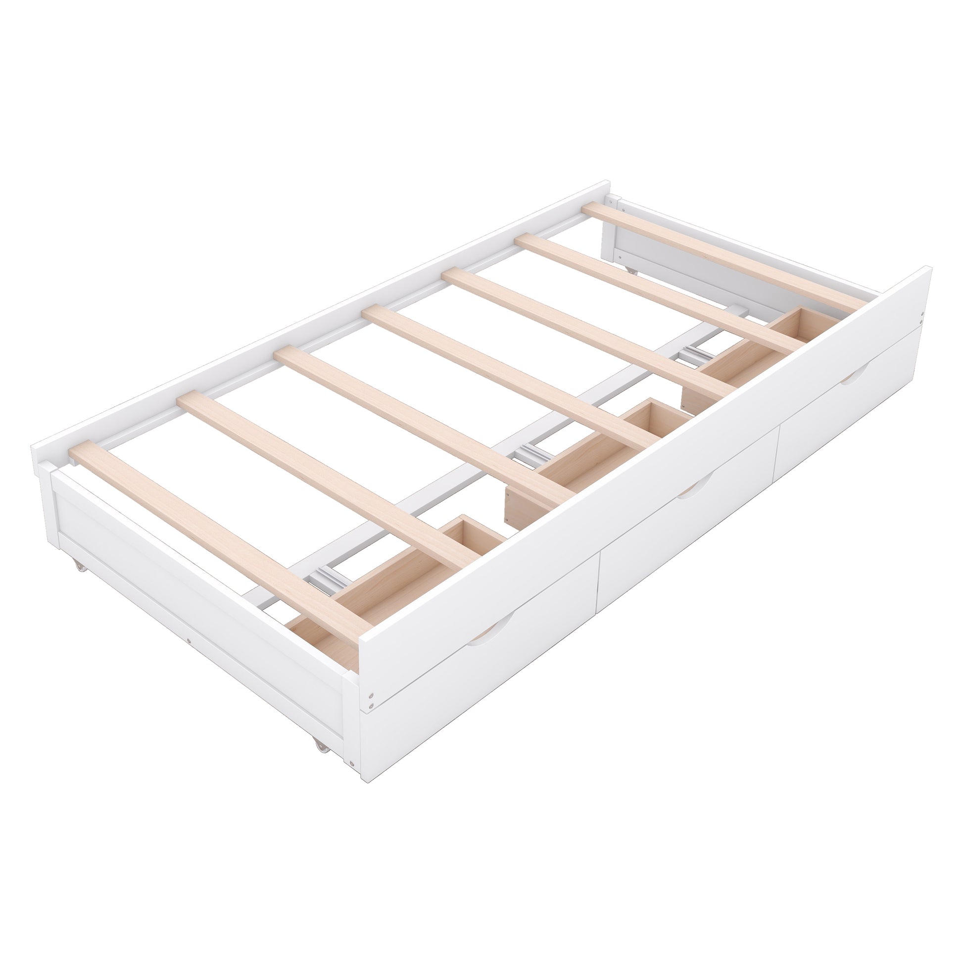 Twin Size Wooden Led Platform Bed With Trundle, With Storage Headboard, With Drawers, White Twin White Plywood