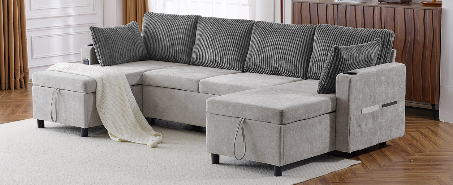 111.8" Sectional Sofa Pull Out Sofa Bed Versatile Sofa Sleeper With Large Storage Space, Two Usb Ports And Two Cup Holders For Living Room, Grey Grey Foam Chenille 4 Seat