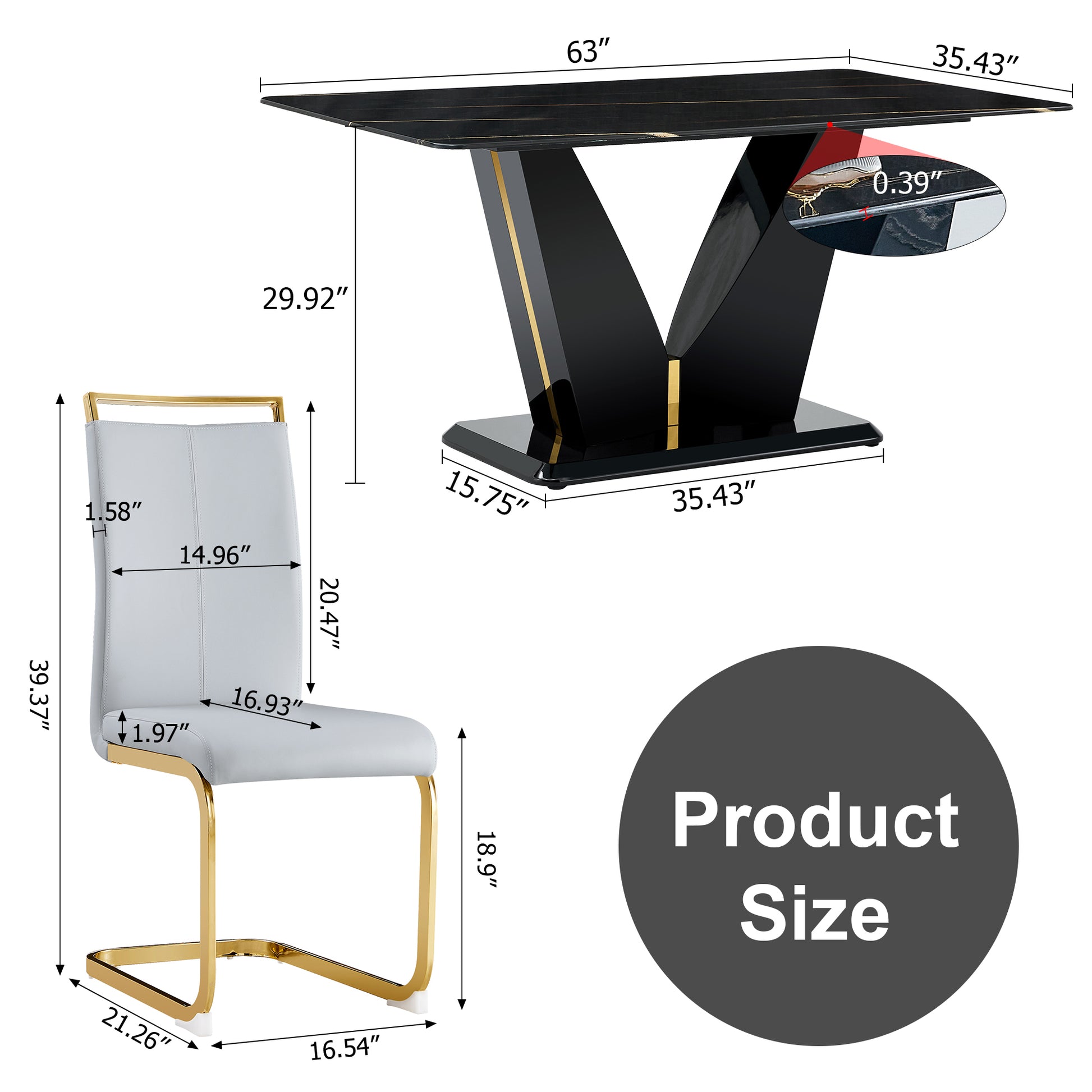 Table And Chair Set,Modern Rectangular Dining Table, 0.4 Inch Thick, With A Black Imitation Marble Pattern Glass Desktop And Black Mdf Legs. Comfortable Pu Seats,Perfect For Dinner, Meet. Grey Black Seats 4 Mdf Glass