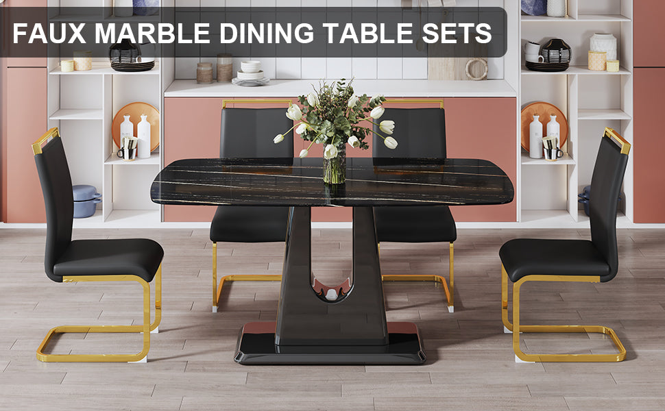 1 Table And 4 Chairs. Modern, Simple And Luxurious Black Imitation Marble Rectangular Dining Table And Desk With 4 Black Pu Gold Plated Leg Chairs 63'' X 35.4'' X 30'' Black Mdf