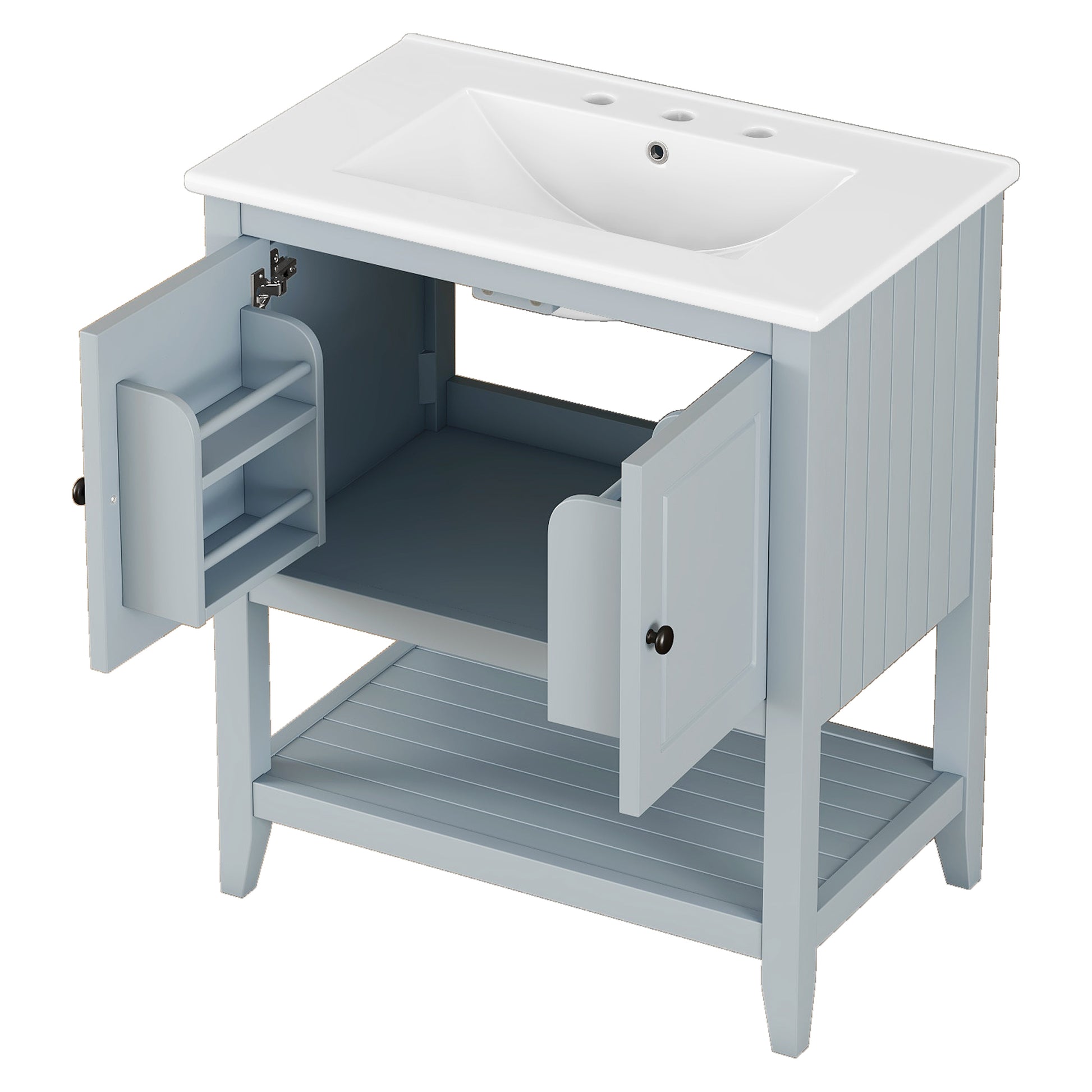 30" Gray Modern Sleek Bathroom Vanity Elegant Ceramic Sink With Solid Wood Frame Open Style Shelf & Door Shelf Design Gray Solid Wood
