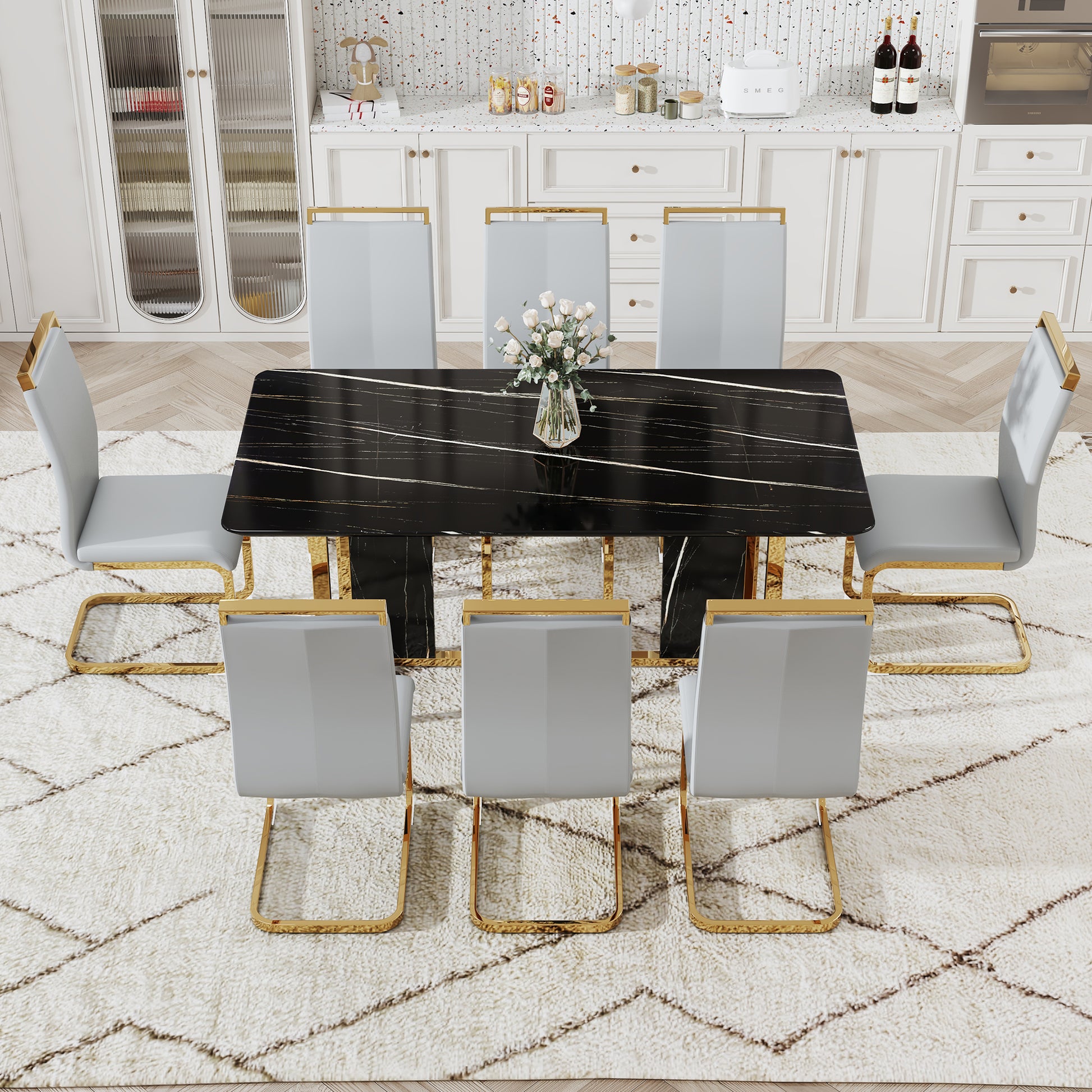 Table And Chair Set. Modern Dining Table With Mdf Top And Beautiful Mdf Legs. Equipped With Comfortable Pu Chairs And Metal Legs. Suitable For A Wide Range Of Decorative Styles. Black,Light Gray Seats 8 Mdf