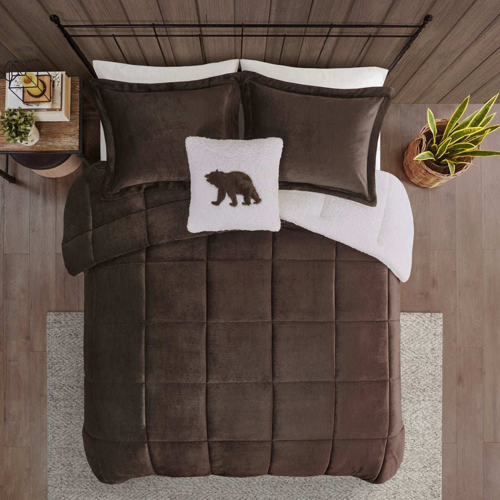 Plush To Sherpa Down Alternative Comforter Set King Brown Ivory Polyester