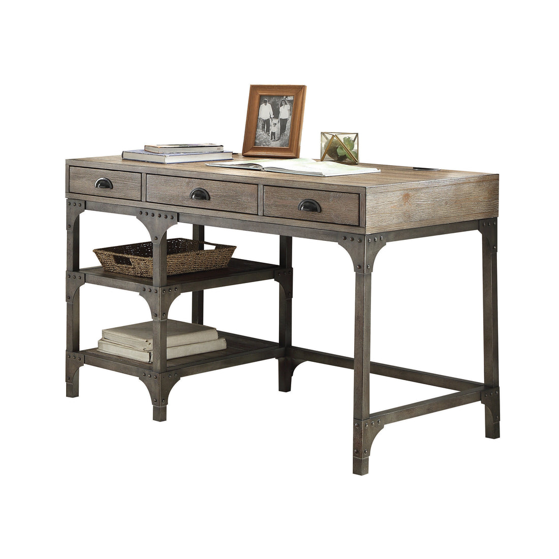 Weathered Oak And Antique Silver 3 Drawer Writing Desk Oak Silver Writting Desk Office Industrial Freestanding Rectangular Drawers Wood Metal