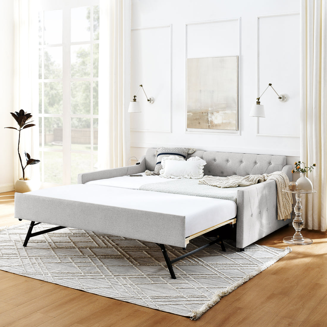Full Size Upholstery Daybed With Twin Size Erectable Trundle And Usb Charging Design, Linen Beige Box Spring Not Required Full Beige Bedroom Linen Linen