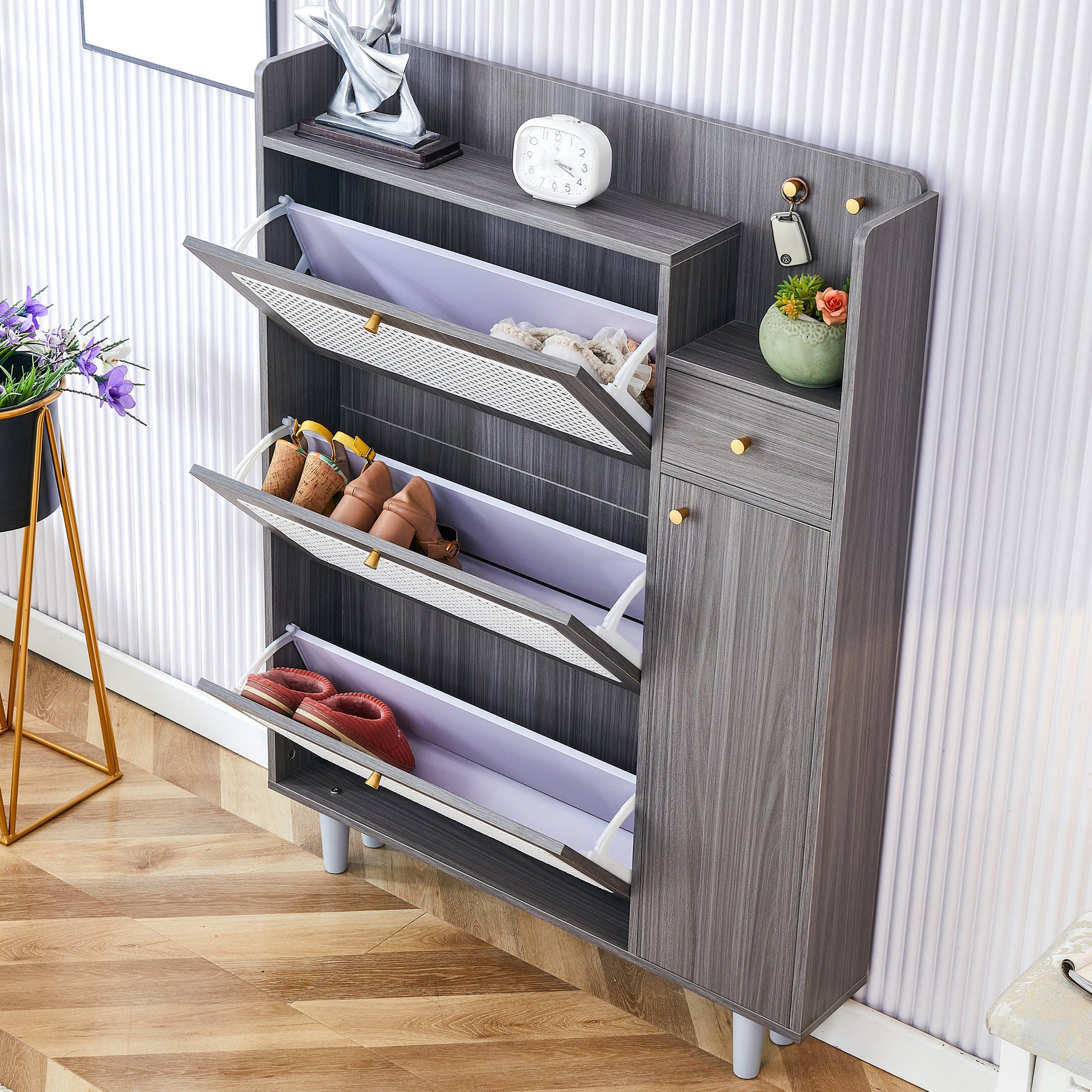 Modern Minimalist Storage Cabinet, Japanese Rattan Shoe Cabinet, Bed Top Cabinet, Small Home Furniture. Suitable For Corridors And Living Rooms. Gz Di 03 Gray Mdf