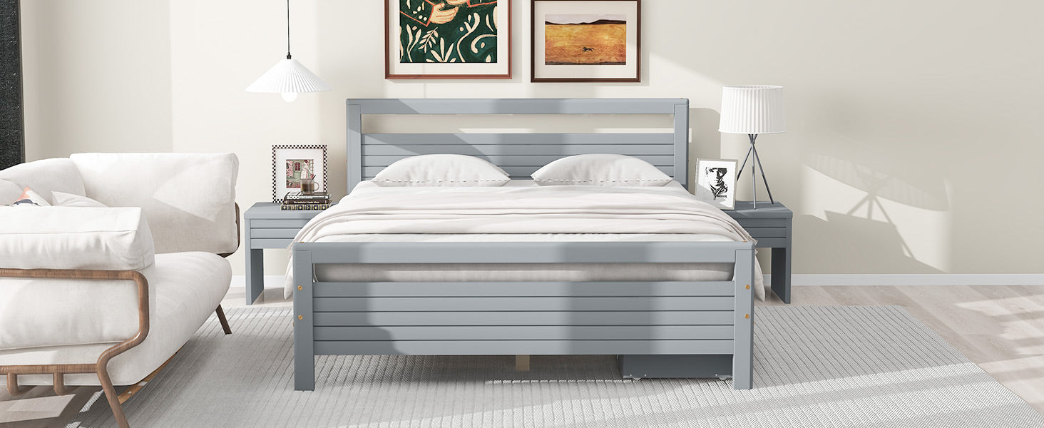 Queen Size Wooden Platform Bed With 2 Storage Drawers And 2 Bedside Tables, Gray Queen Gray Pine
