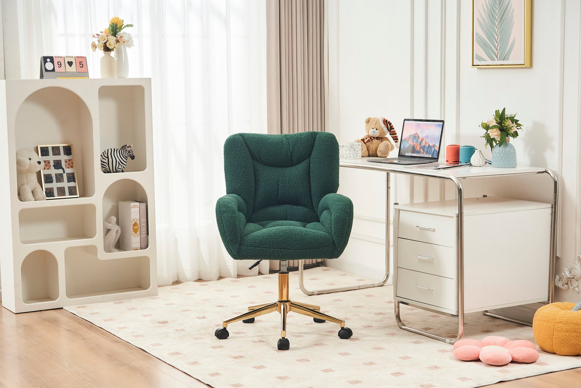 005 Teddy Fabric 360 Swivel Home Office Chair With Gold Metal Base And Universal Wheels,Green Solid Green Office Sponge Wipe Clean Modern Office Chairs Tufted Back Foam Swivel Teddy