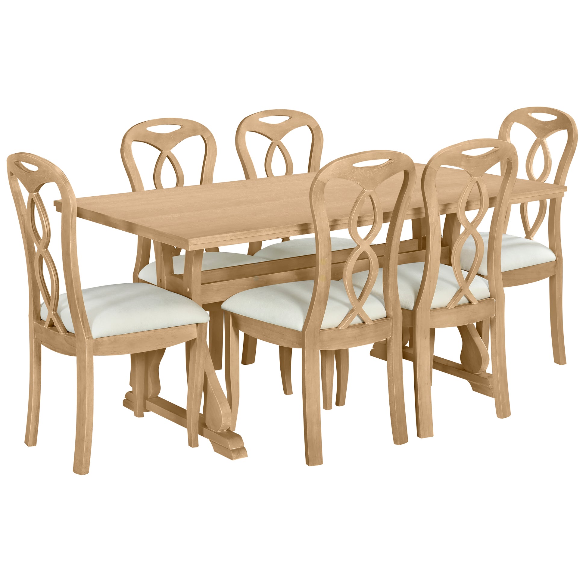 Retro 7 Piece Trestle Dining Table Set With Upholstered Dining Chairs, Smooth Dining Backs For Dining Room, Living Room, Kitchen, Natural Upholstered Chair Wood Natural Beige Seats 6 Wood Dining Room Solid Wood Rubberwood Trestle Rectangular Foam Dining