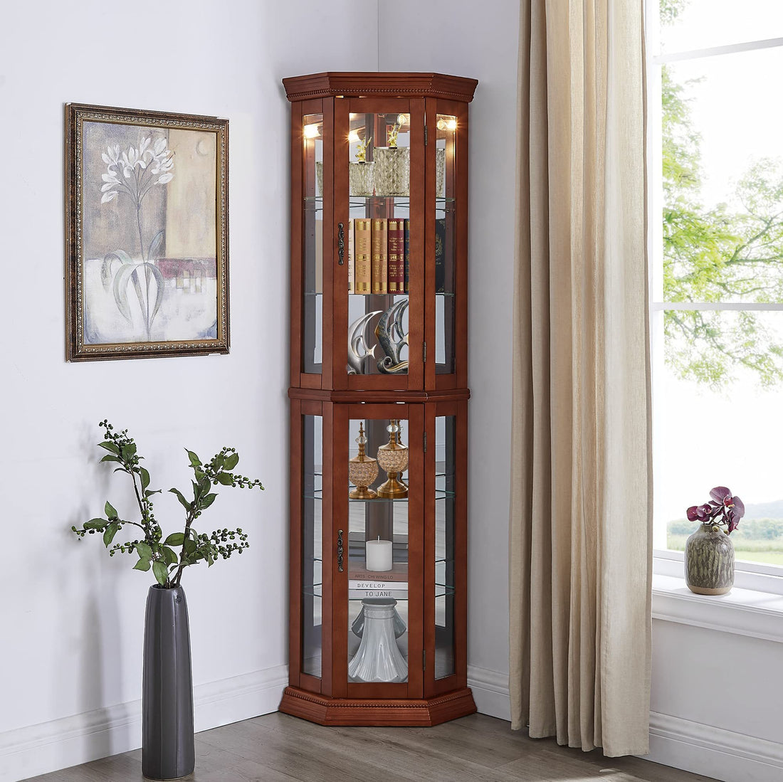 Corner Curio Cabinet with Lights, Adjustable Tempered walnut-mdf
