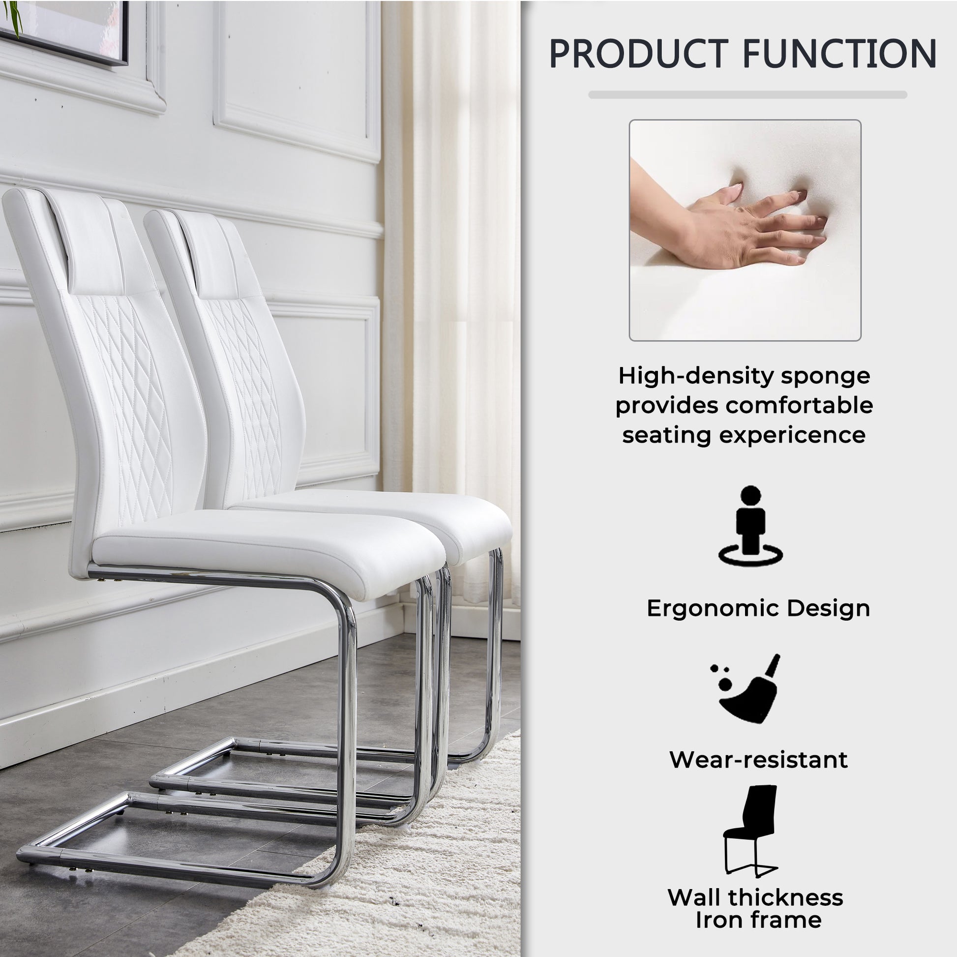 Table And Chair Set.Modern Rectangular Glass Dining Table With A Tempered Glass Tabletop And Silver Metal Legs, Paired With Multiple Chairs Designed With Pu Cushions And Silver Metal Legs. Silver White Seats 6 Tempered Glass