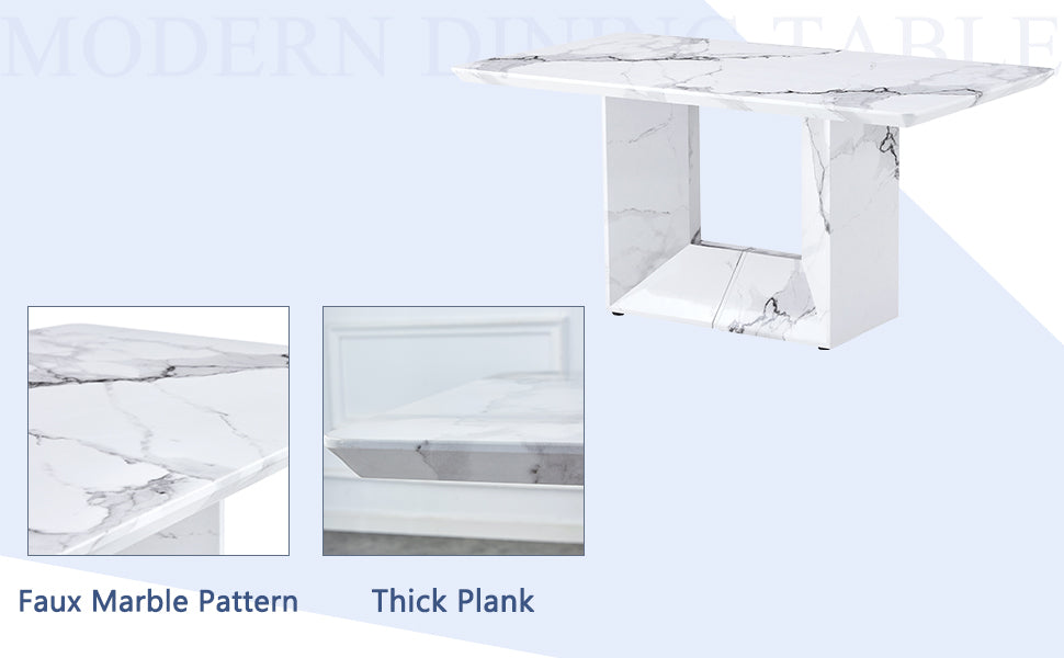 Table And Chair Set.63"X35.4" White Marble Patterned Mdf Dining Table Set With 6 Armless White Pu Chairs.Showcasing A Modern And Stylish Look. White Seats 6 Mdf Metal