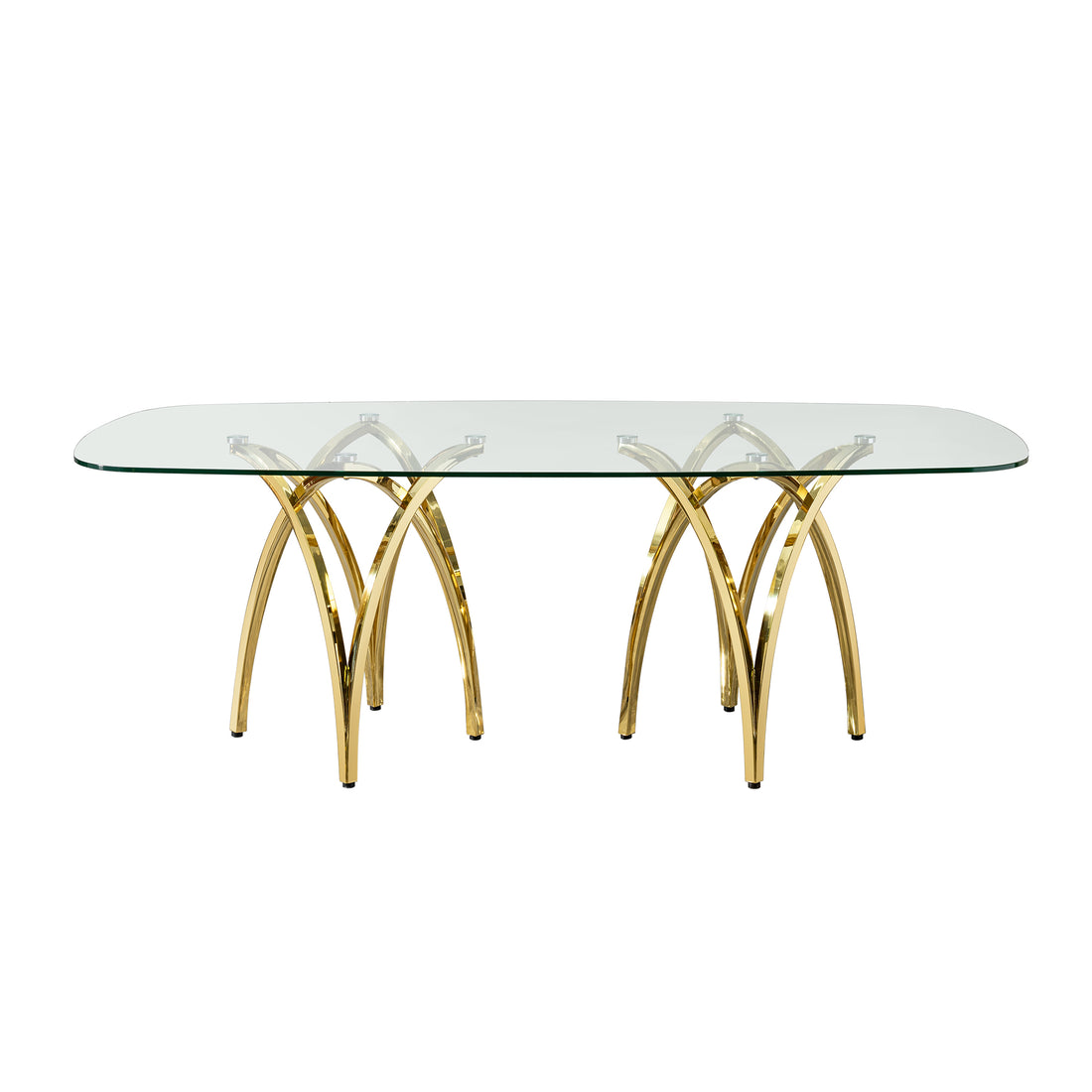 0.47" Thick Tempered Clear Glass Rectangular Big Dining Table With Gold Stainless Steel Base 86.61" L X 39.37" W X 29.92" H Gold Seats 8 Dining Room Modern Kitchen & Dining Tables Polished Oval Stainless Steel