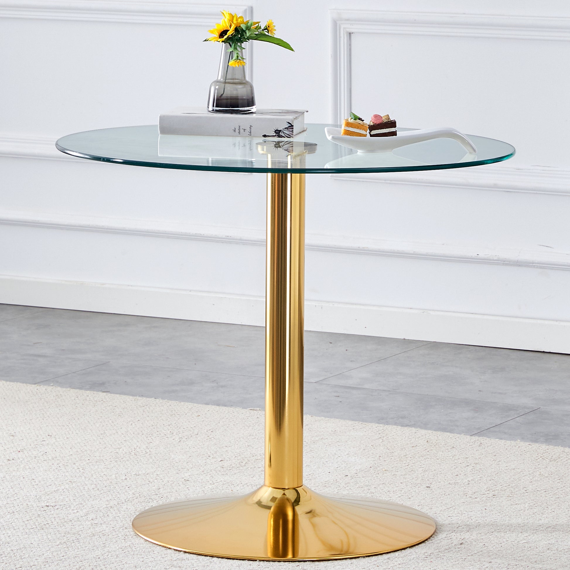 A 35 Inch Diameter Glass Top And A Modern, Minimalist Round Dining Table With Gold Metal Legs. Ideal For Dining Rooms, Living Rooms And Meeting Rooms. Model: Dt 1166 Gold Glass Metal