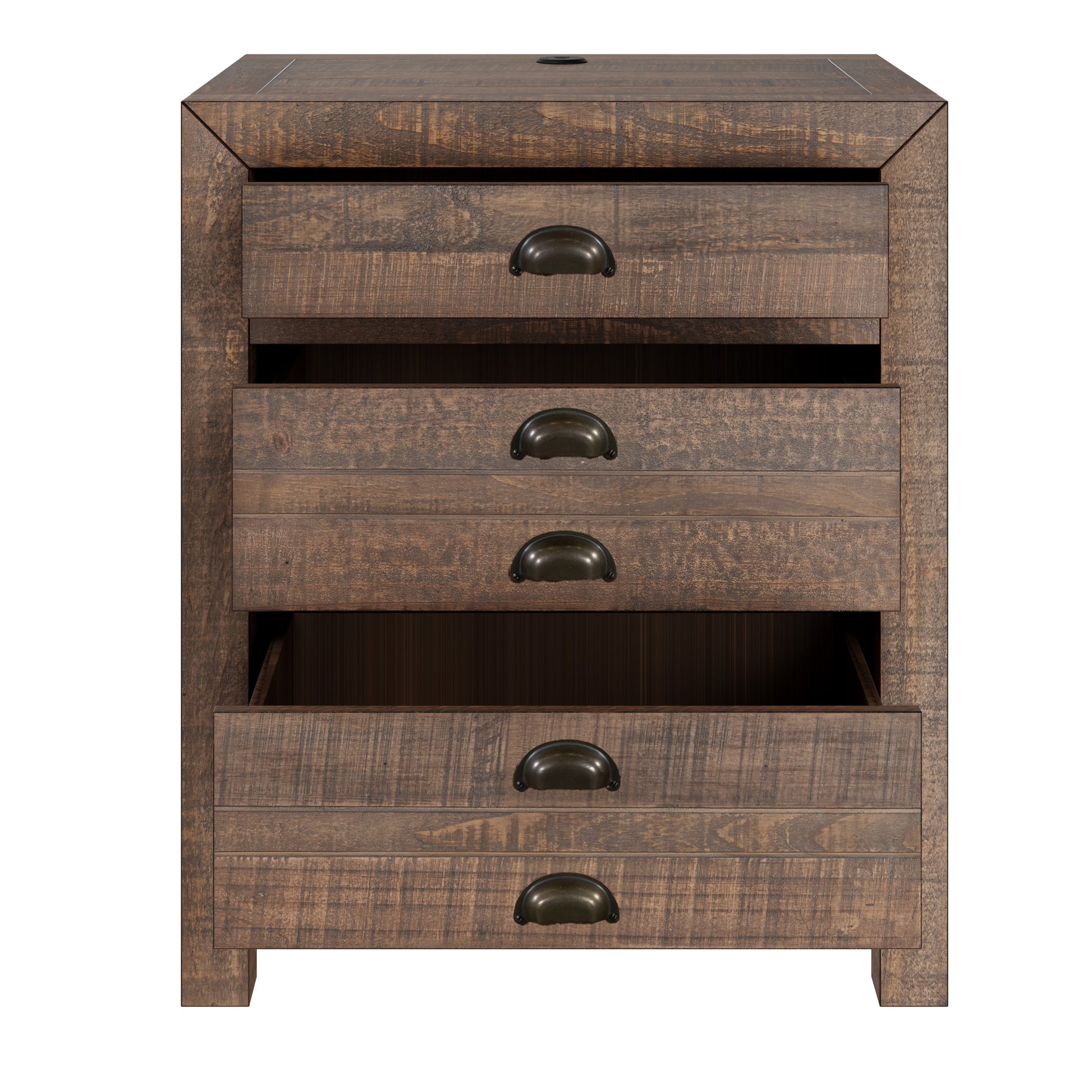 Rustic Farmhouse Style Three Drawer Solid Pine Wood Nightstand With Cup Pulls And Integrated Charge Station Brown 3 Drawers Bedroom Pine Pine,Plywood