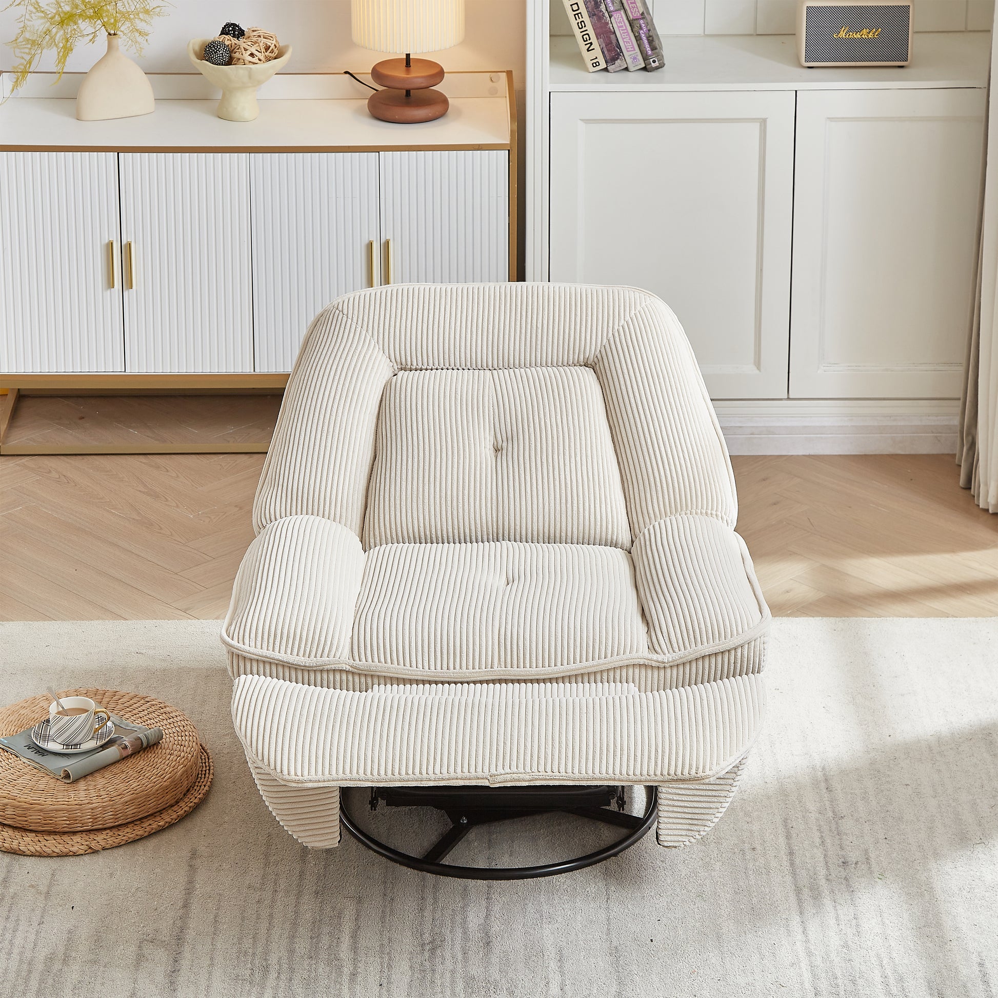 Video 360 Degree Corduroy Swivel Upholstered Manual Recliner Chair,Theater Recliner Sofa,Nursery Glider Rocker For Living Room Beige Corduroy