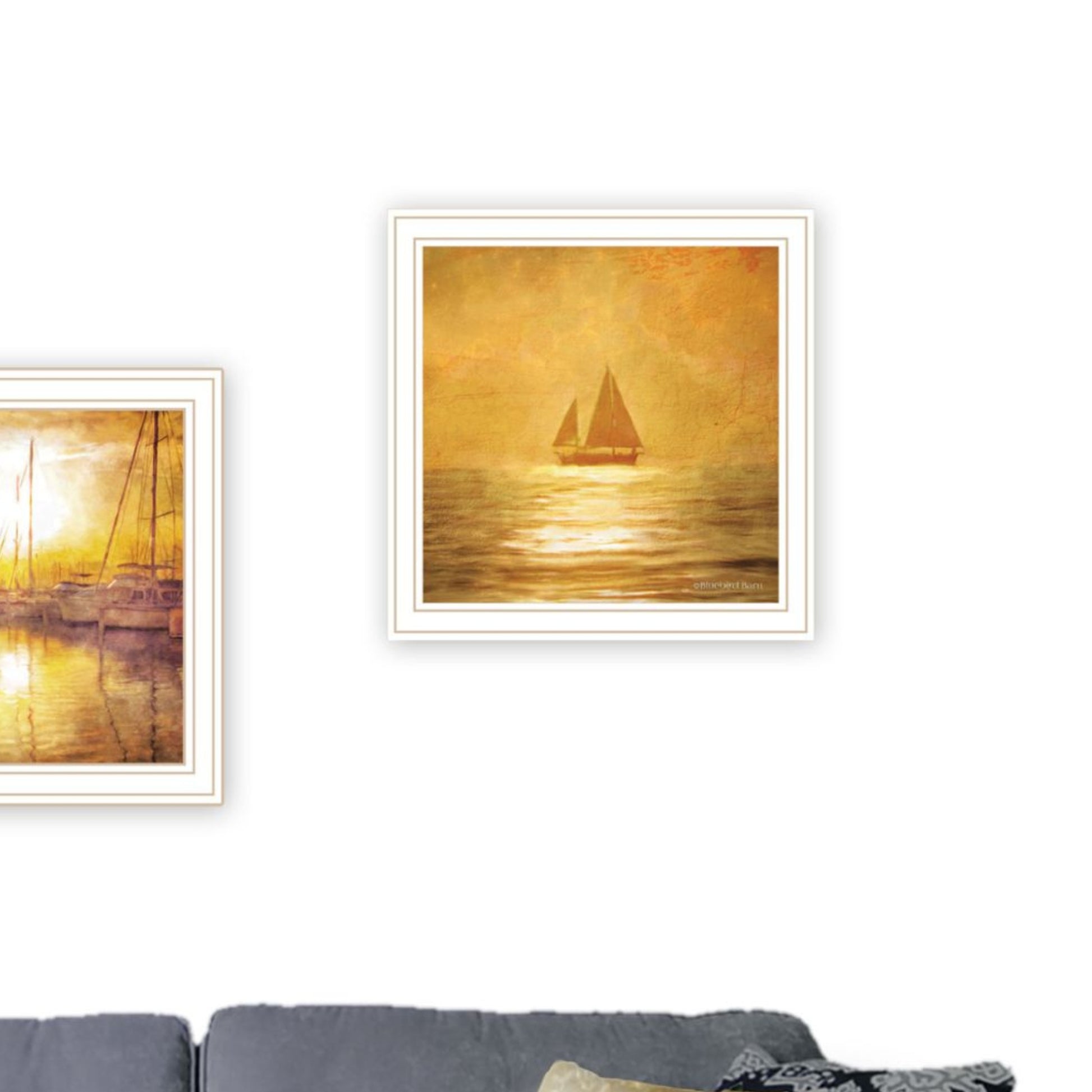 "Golden Solo Sailboats" Framed Wall Art For Living Room, Wall Art Print For Home Decor, Bedroom Wall Art By Bluebird Barn Multicolor Wood Paper