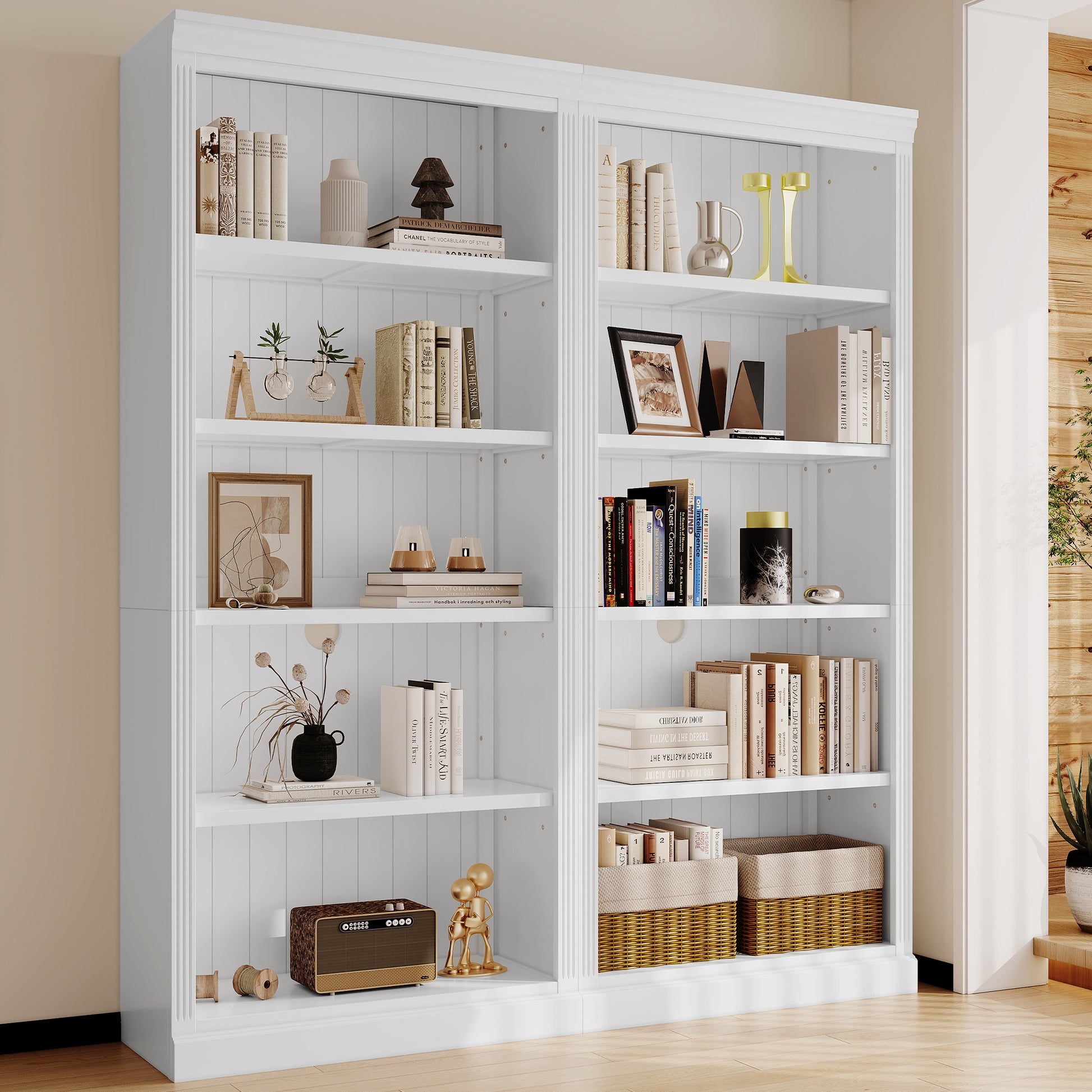 83" Tall Wood Bookcase Suite ,5 Tier Home Decor Bookshelves Suite With Adjustable Shelves,Storage Organizer For Cds Books Movies,Free Standing Storage Shelves Suite For Living Room,Office,White White Solid Wood Mdf