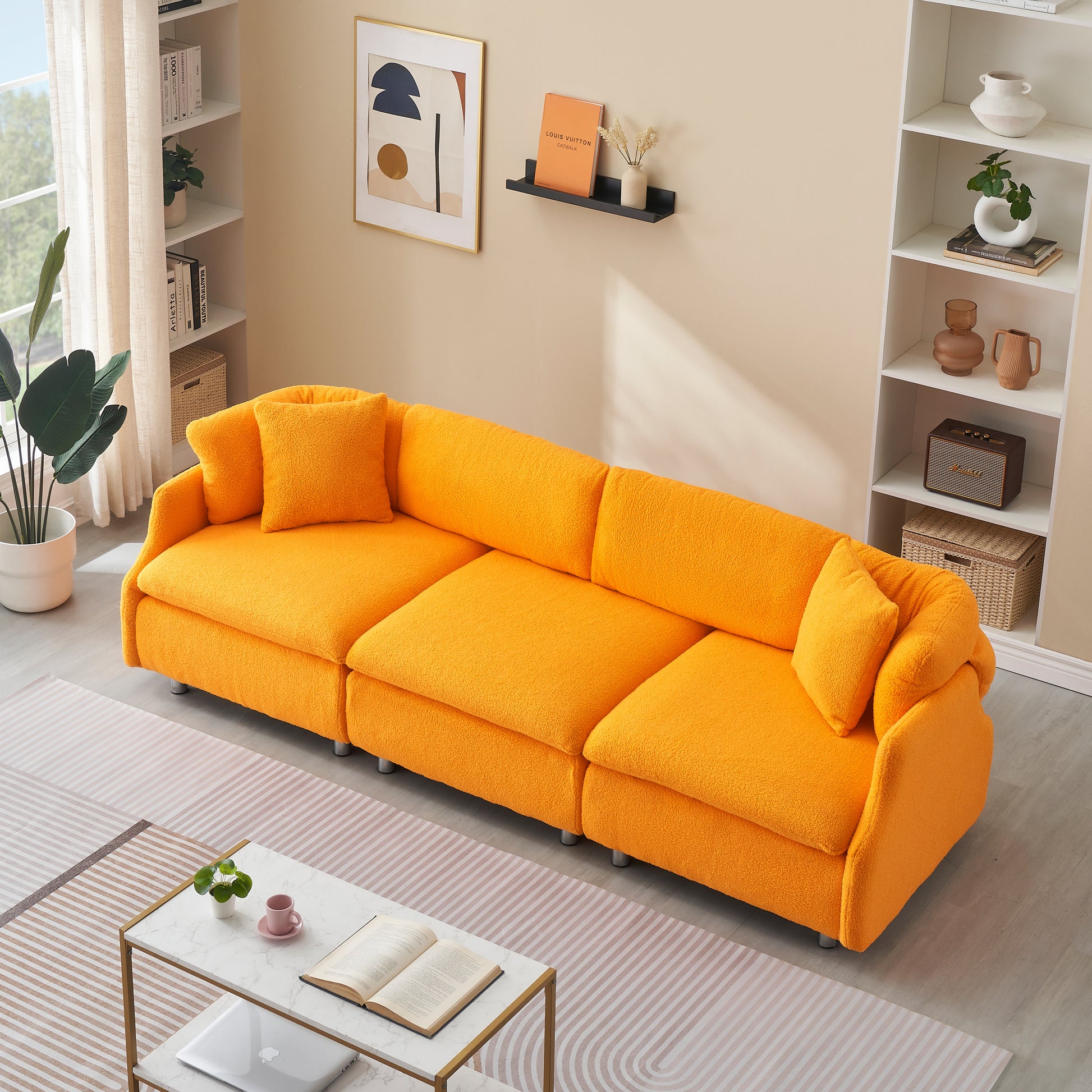 95.3 Inches Velvet Grey Two Throw Pillows, Spacious And Comfortable 3 Seat Sofa, Suitable For Modern Living Room. Orange Orange Teddy 3 Seat