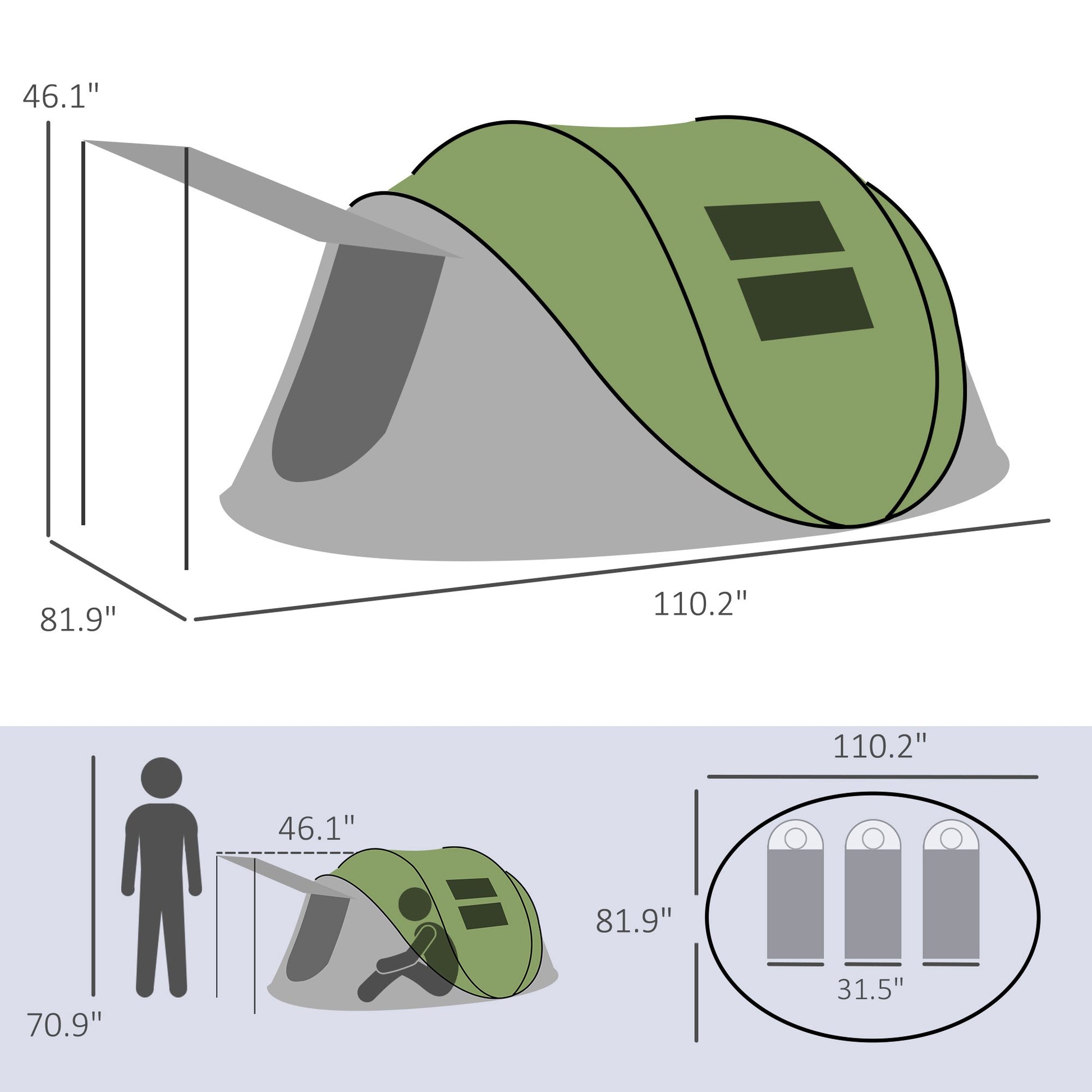 Outsunny Pop Up Tent, Instant Camping Tent With Porch And Carry Bag, 3000Mm Waterproof, For 2 3 People, Green, Poles Included Green Polyester