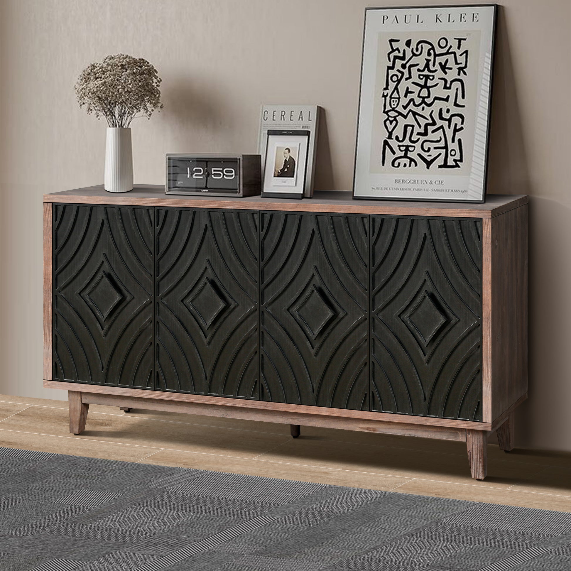 Mid Century Sideboard Buffet Cabinet With Solid Wood Legs 60" Kitchen Storage Cabinet Credenza With 4 Convex Pattern Diamond Doors And 2 Shelves Accent Console Table For Living Room Entrance Hall Etc 1 2 Shelves Antique Antique Black Primary Living Space