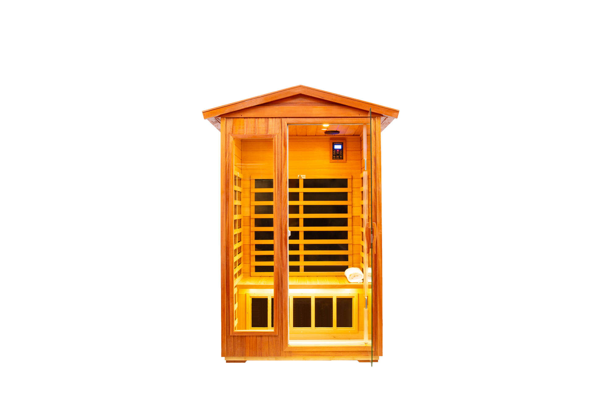 Two Person Far Infrared Khaya Wood Outdoor Sauna Room Natural Wood Wood Stainless Steel