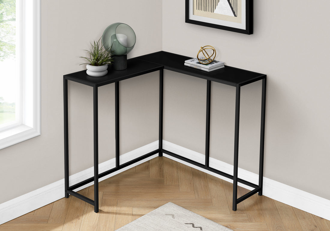 Accent Table, Console, Entryway, Narrow, Corner, Living Room, Bedroom, Black Laminate, Black Metal, Contemporary, Modern Black Particle Board