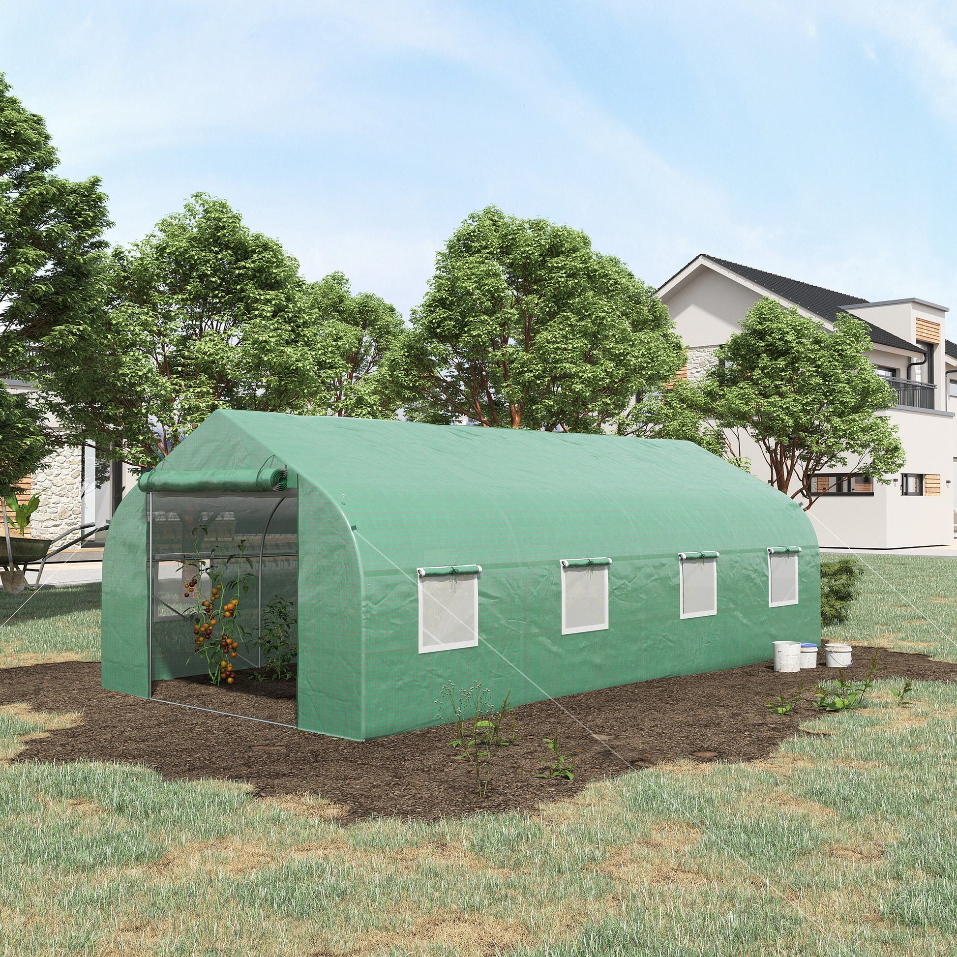 Outsunny 20' X 10' X 7' Walk In Tunnel Greenhouse With Zippered Mesh Door And 8 Mesh Windows, Gardening Plant Hot House With Galvanized Steel Hoops, Green Green Steel